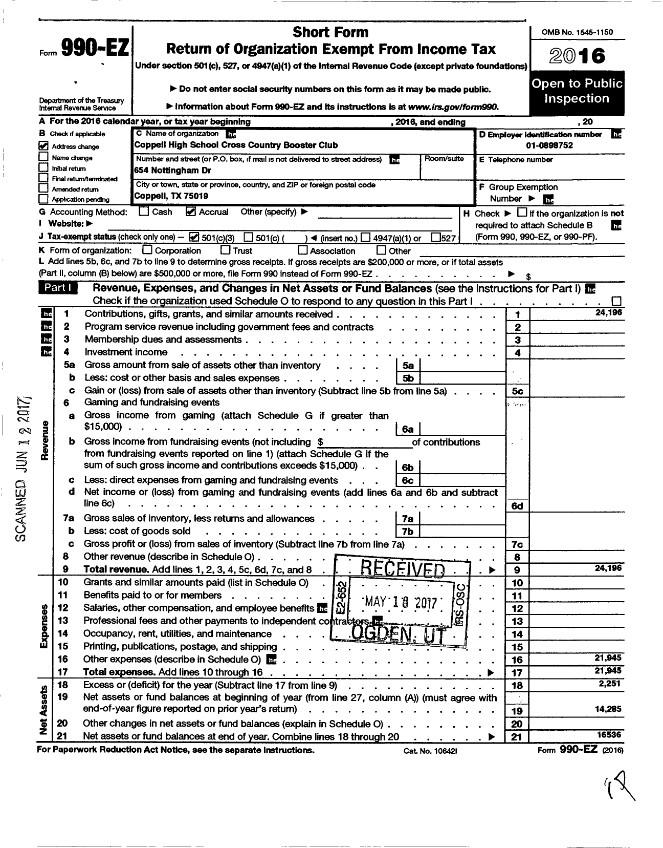 Image of first page of 2016 Form 990EZ for Coppell High School Cross Country Booster Club