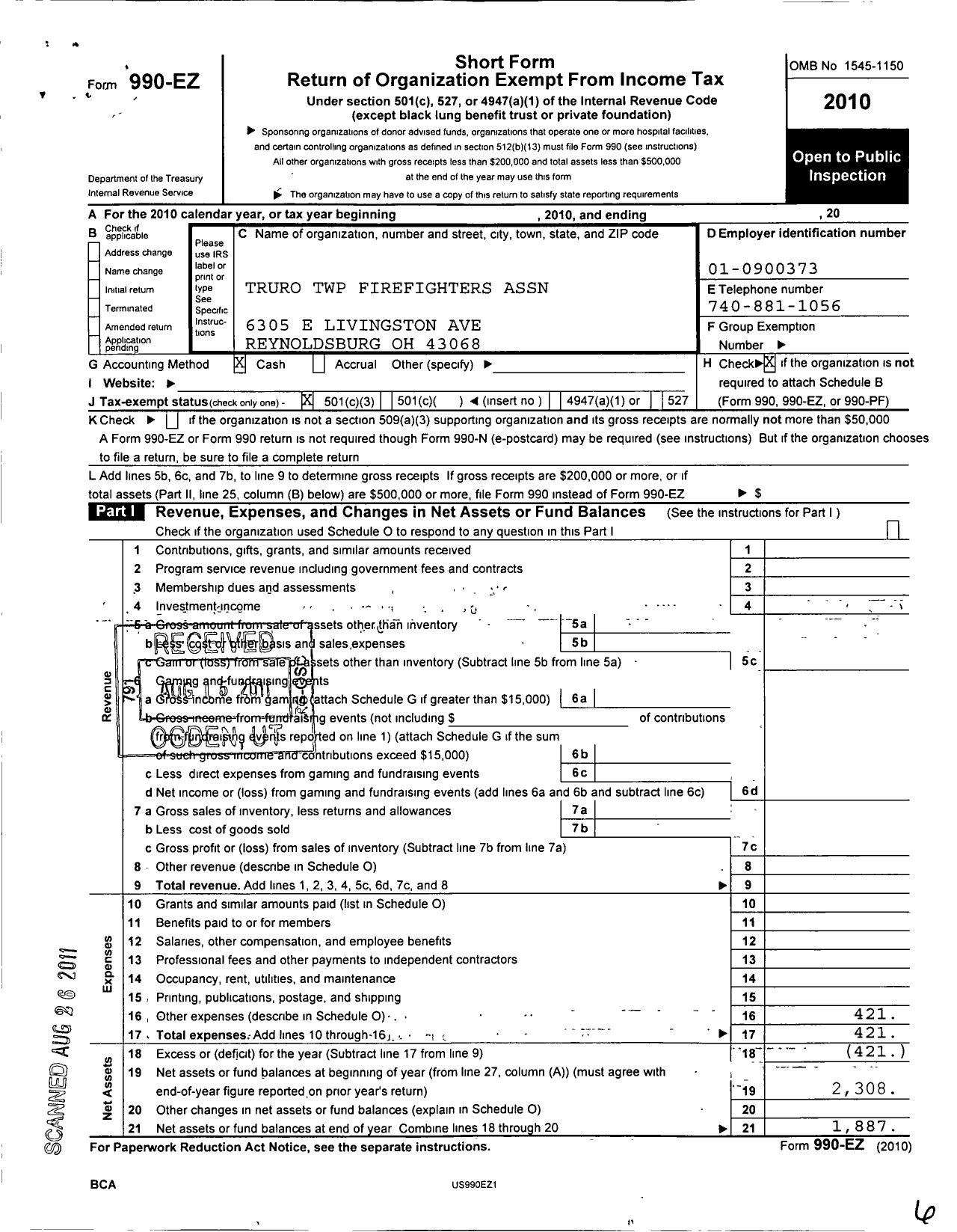 Image of first page of 2010 Form 990EZ for Truro Township Firefighters Association
