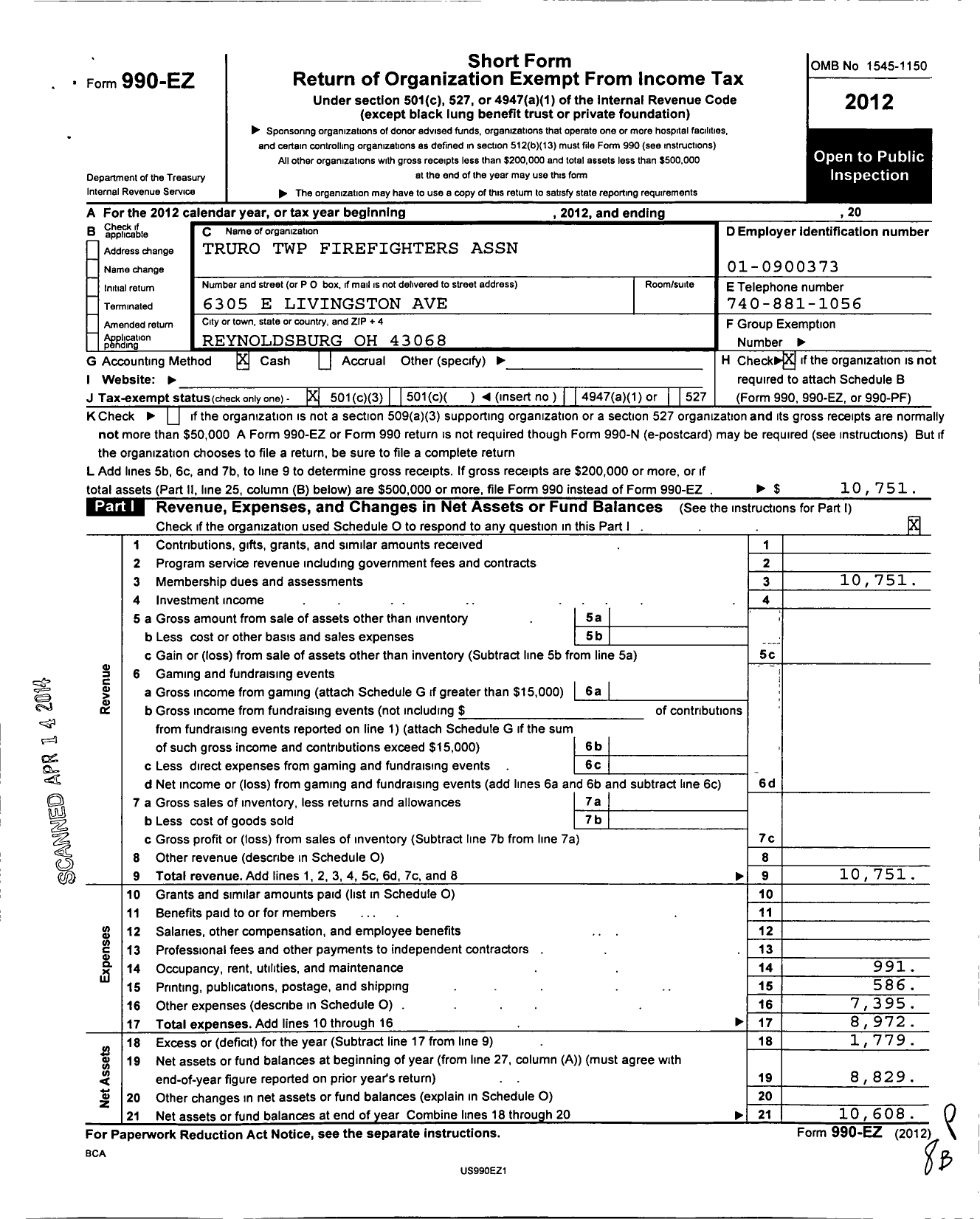 Image of first page of 2012 Form 990EZ for Truro Township Firefighters Association
