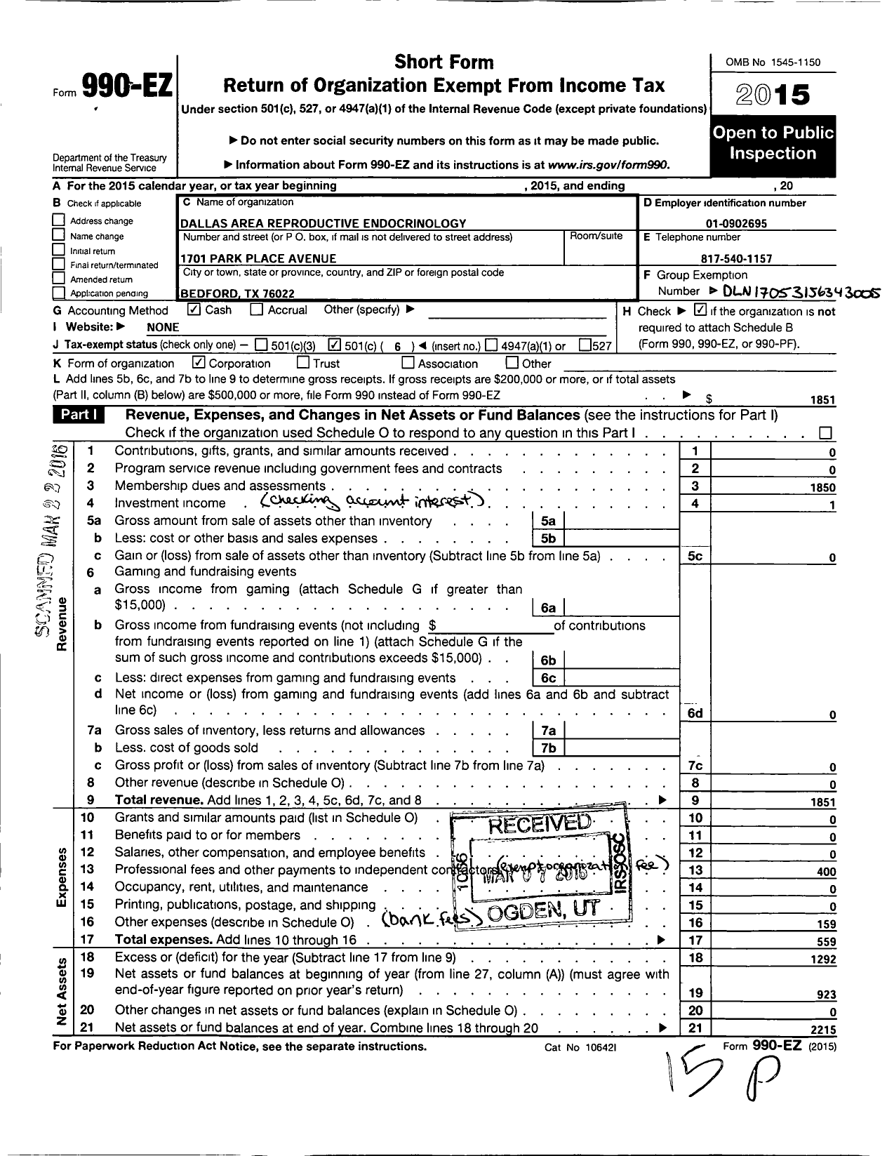 Image of first page of 2015 Form 990EO for Dallas Area Reproductive Endocrinologist (DARE)