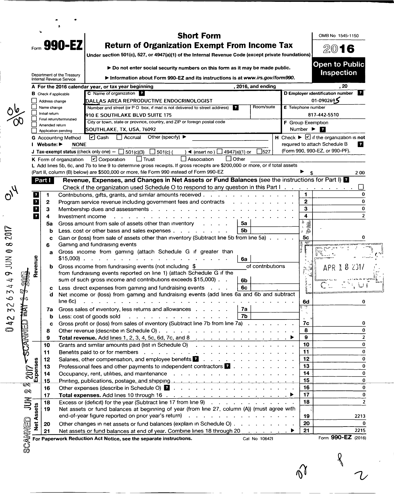 Image of first page of 2016 Form 990EO for Dallas Area Reproductive Endocrinologist (DARE)