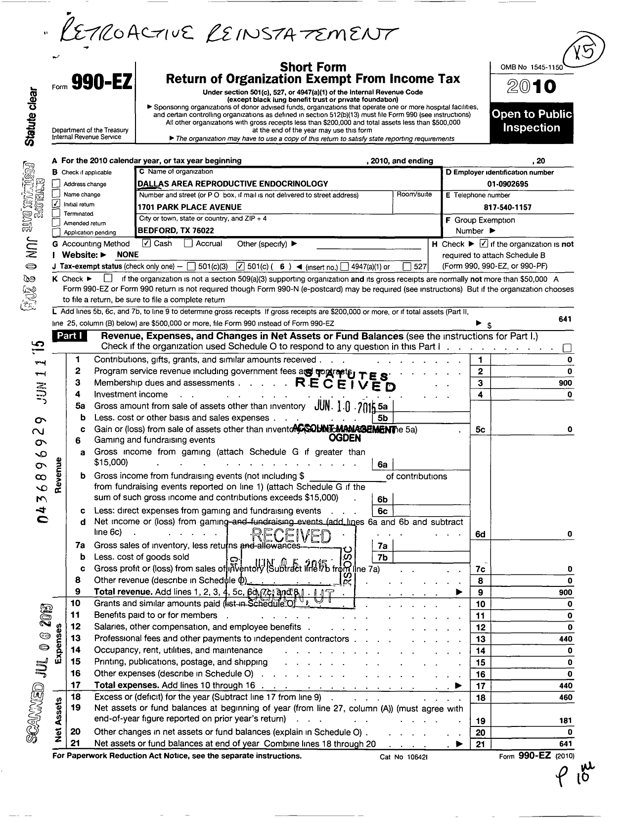 Image of first page of 2010 Form 990EO for Dallas Area Reproductive Endocrinologist (DARE)