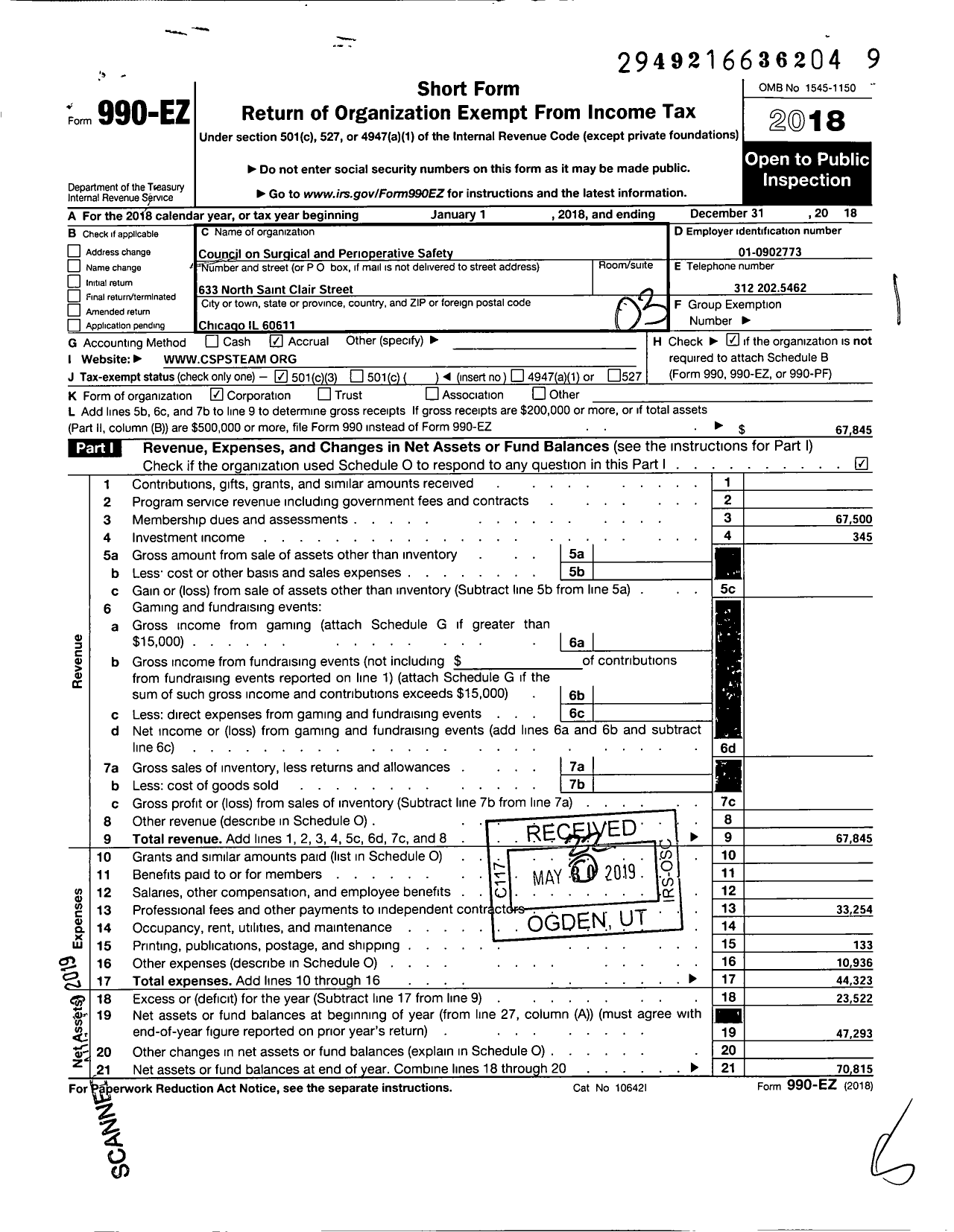 Image of first page of 2018 Form 990EZ for Council on Surgical & Perioperative Safety