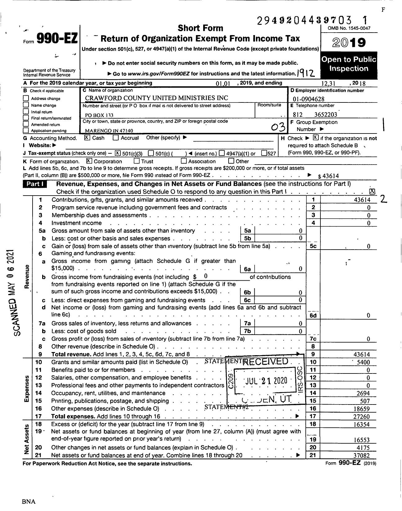 Image of first page of 2019 Form 990EZ for Crawford County United Ministries