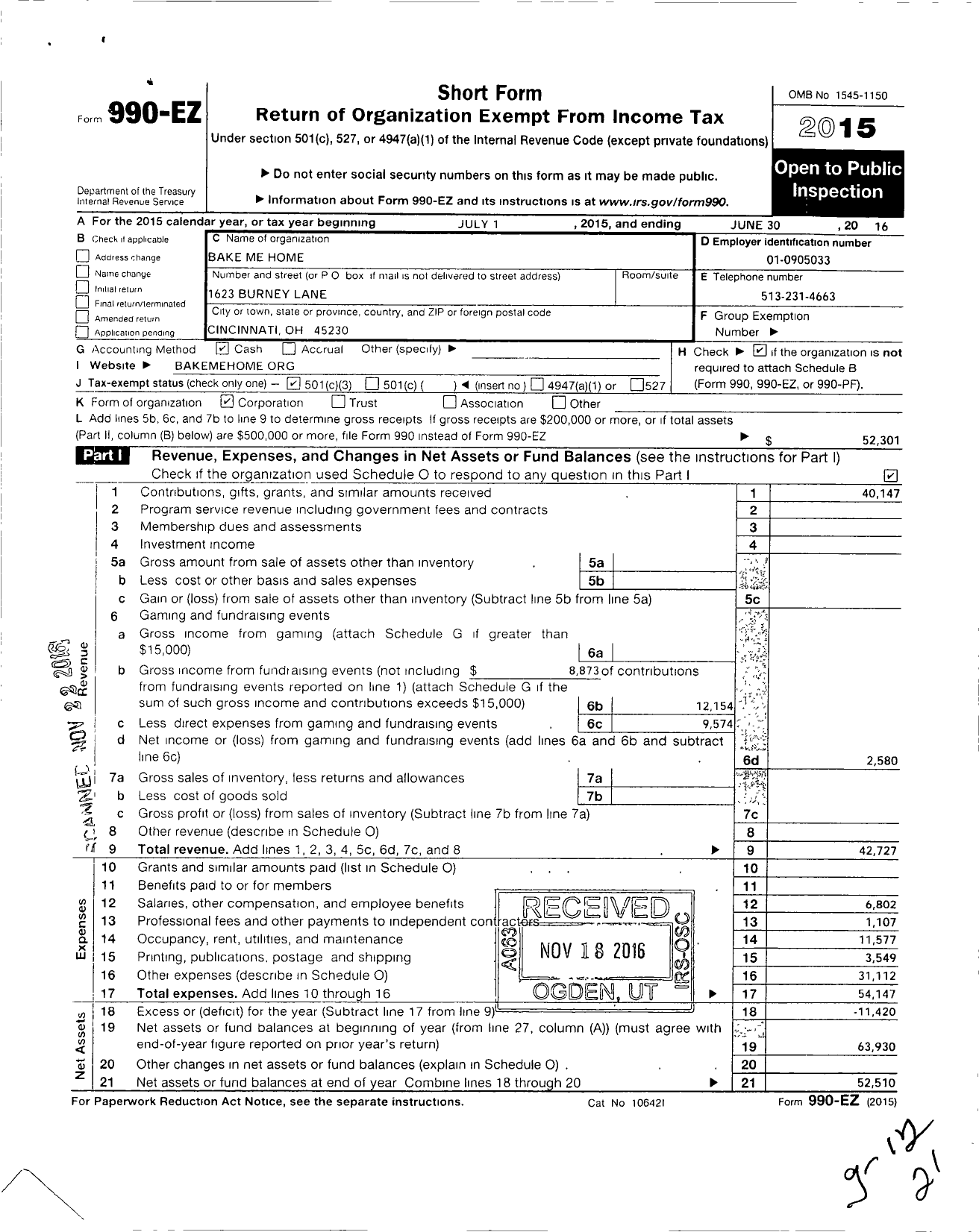 Image of first page of 2015 Form 990EZ for Bake Me Home