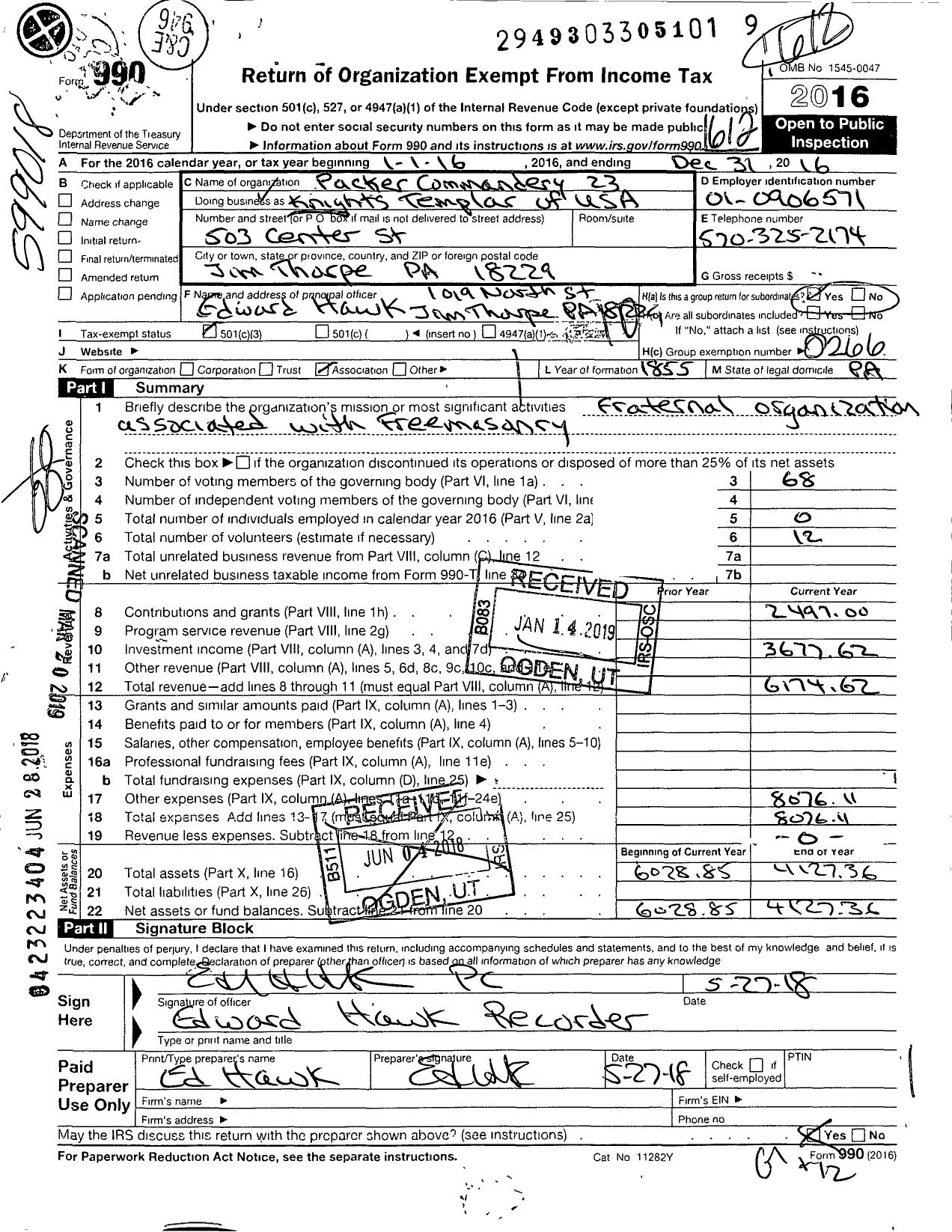 Image of first page of 2016 Form 990O for Knights Templar - 23 Packer Commandery