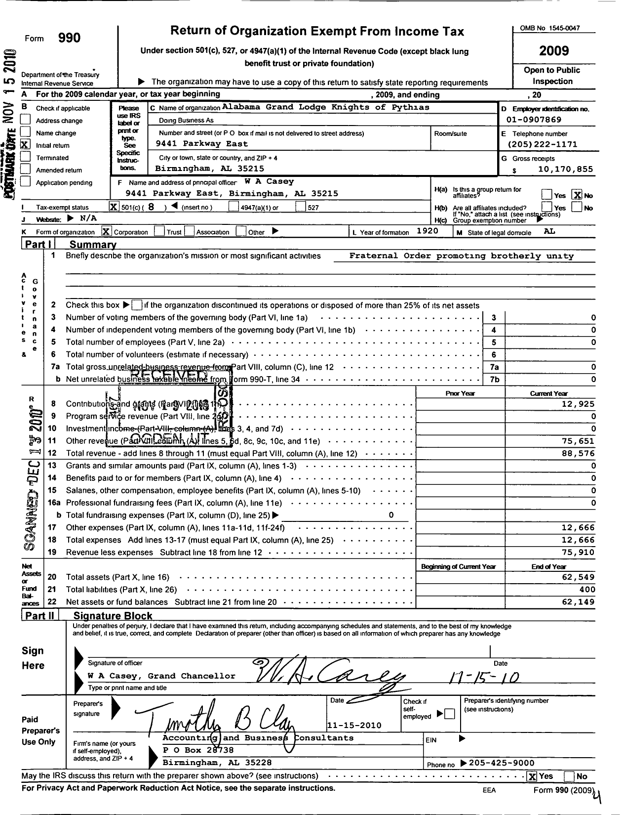 Image of first page of 2009 Form 990O for Alabama Grand Lodge Knights of Pythias