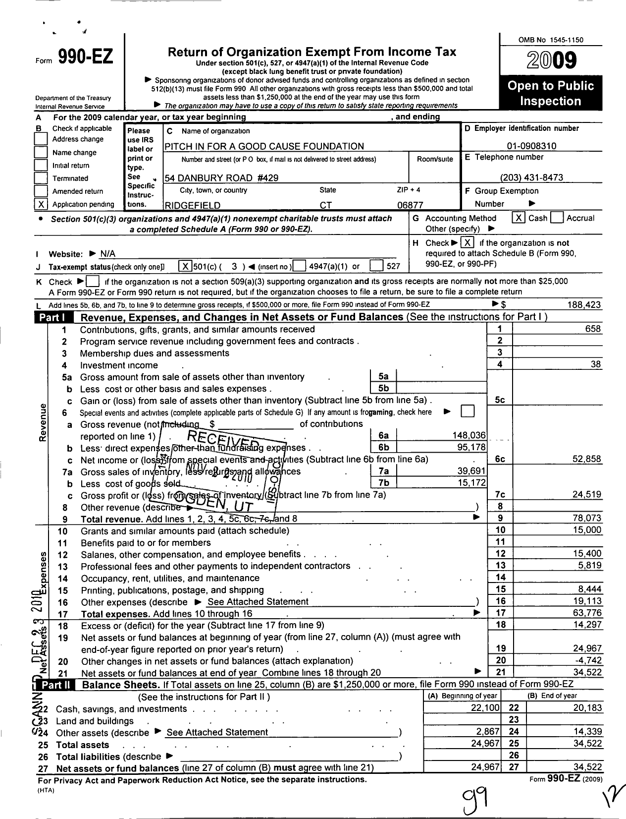 Image of first page of 2009 Form 990EZ for Pitch in for A Good Cause Foundation