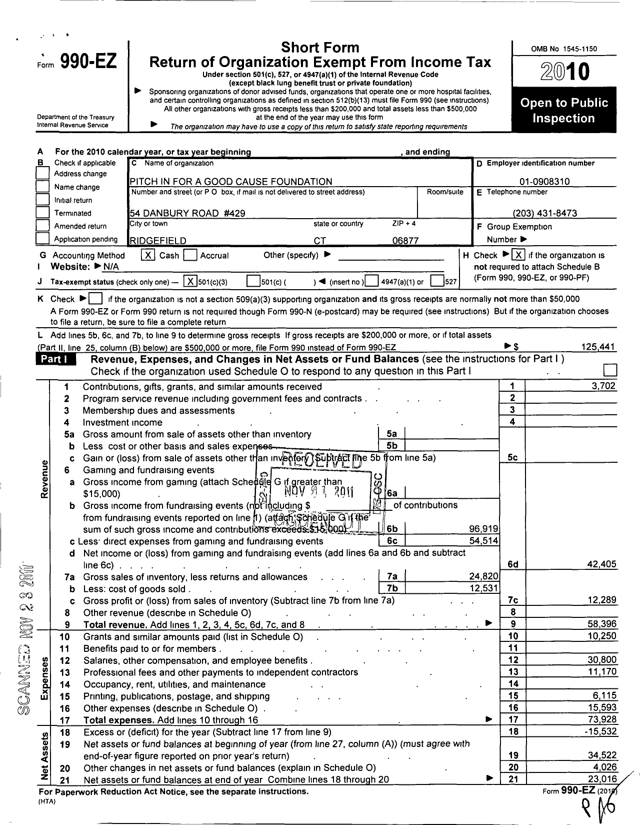 Image of first page of 2010 Form 990EZ for Pitch in for A Good Cause Foundation