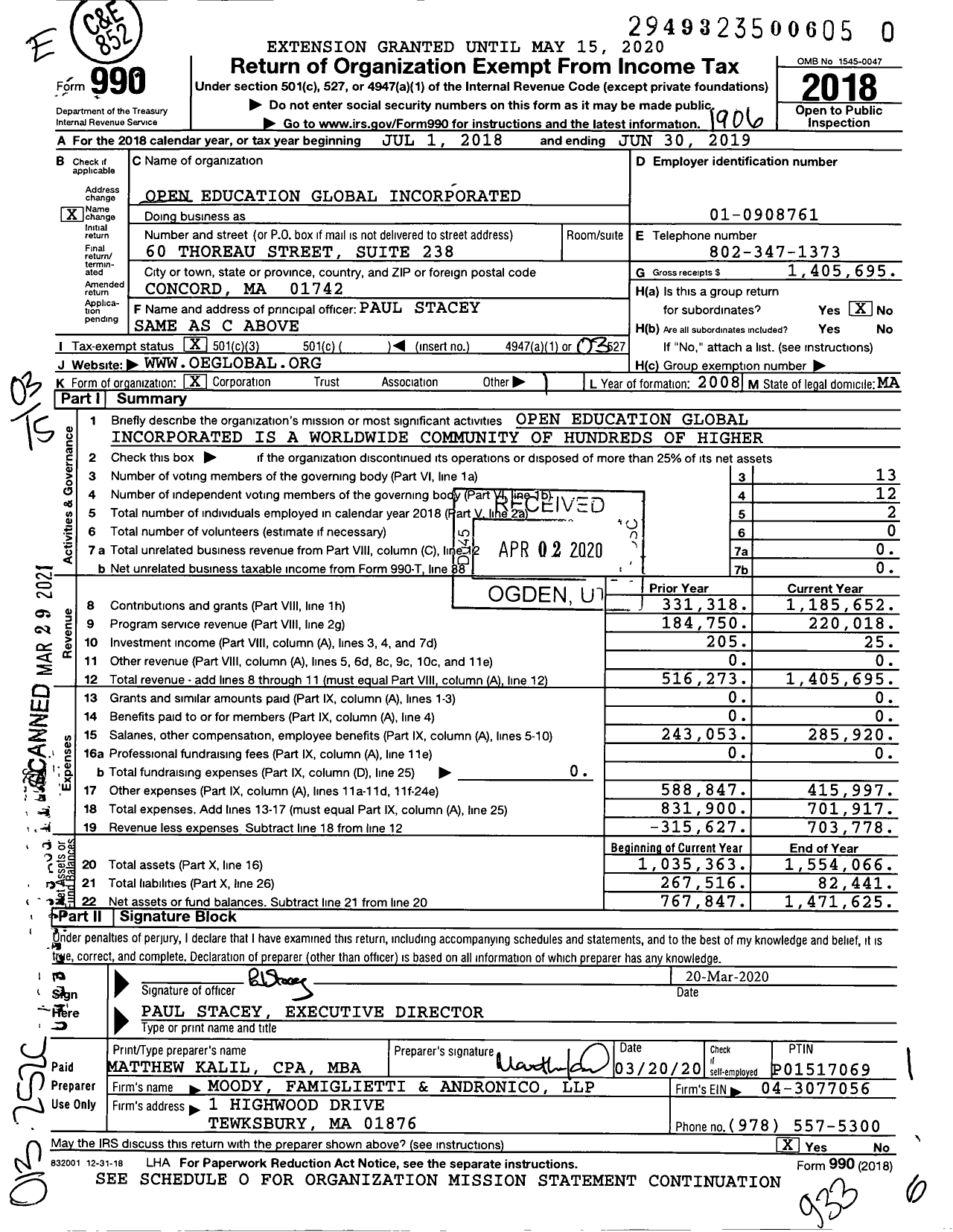 Image of first page of 2018 Form 990 for Open Education Global Incorporated