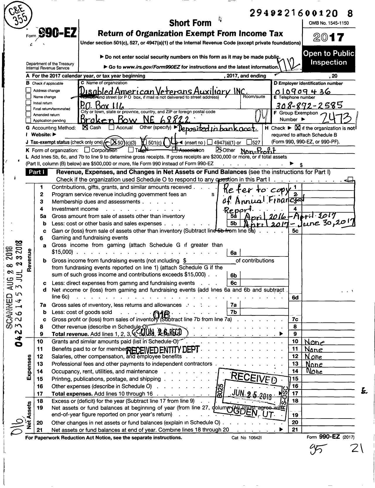 Image of first page of 2017 Form 990EO for Disabled American Veterans Auxiliary - 41 Custer Unit