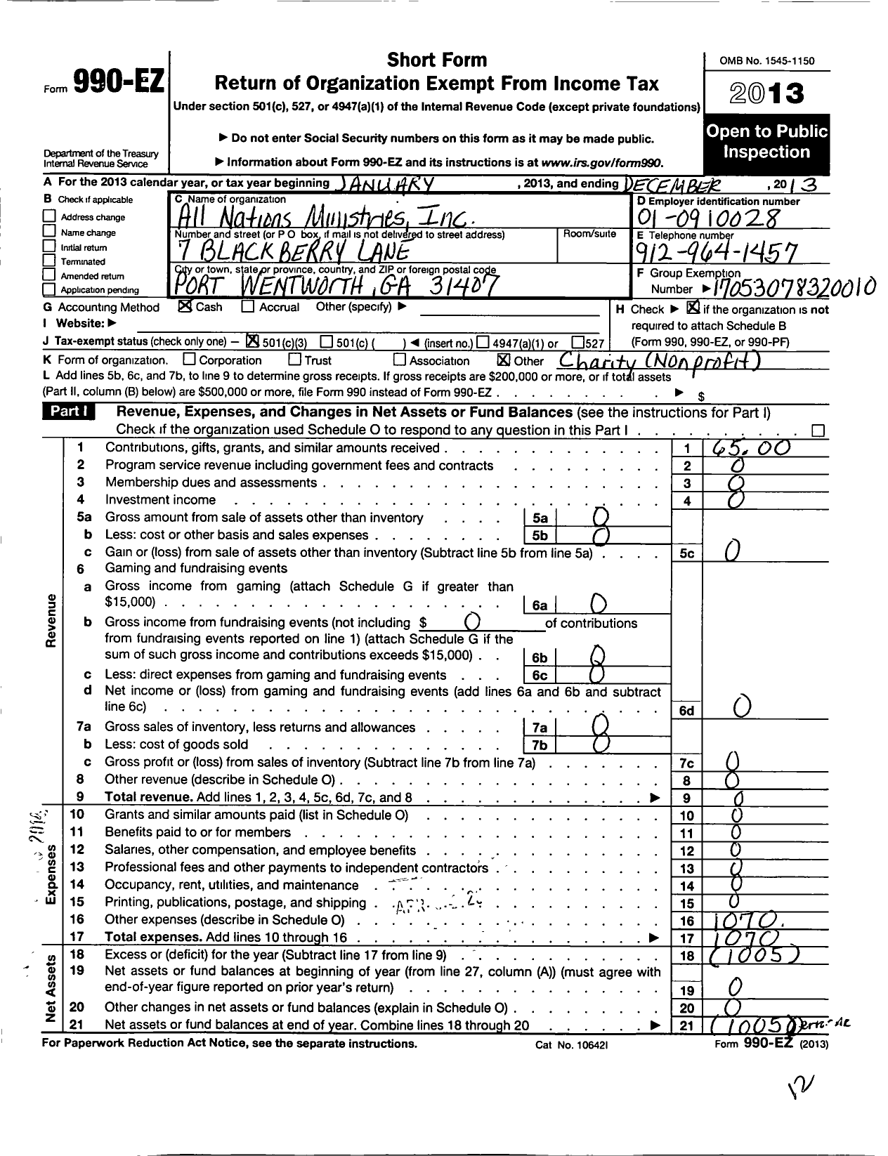 Image of first page of 2013 Form 990EZ for All Nations Ministries