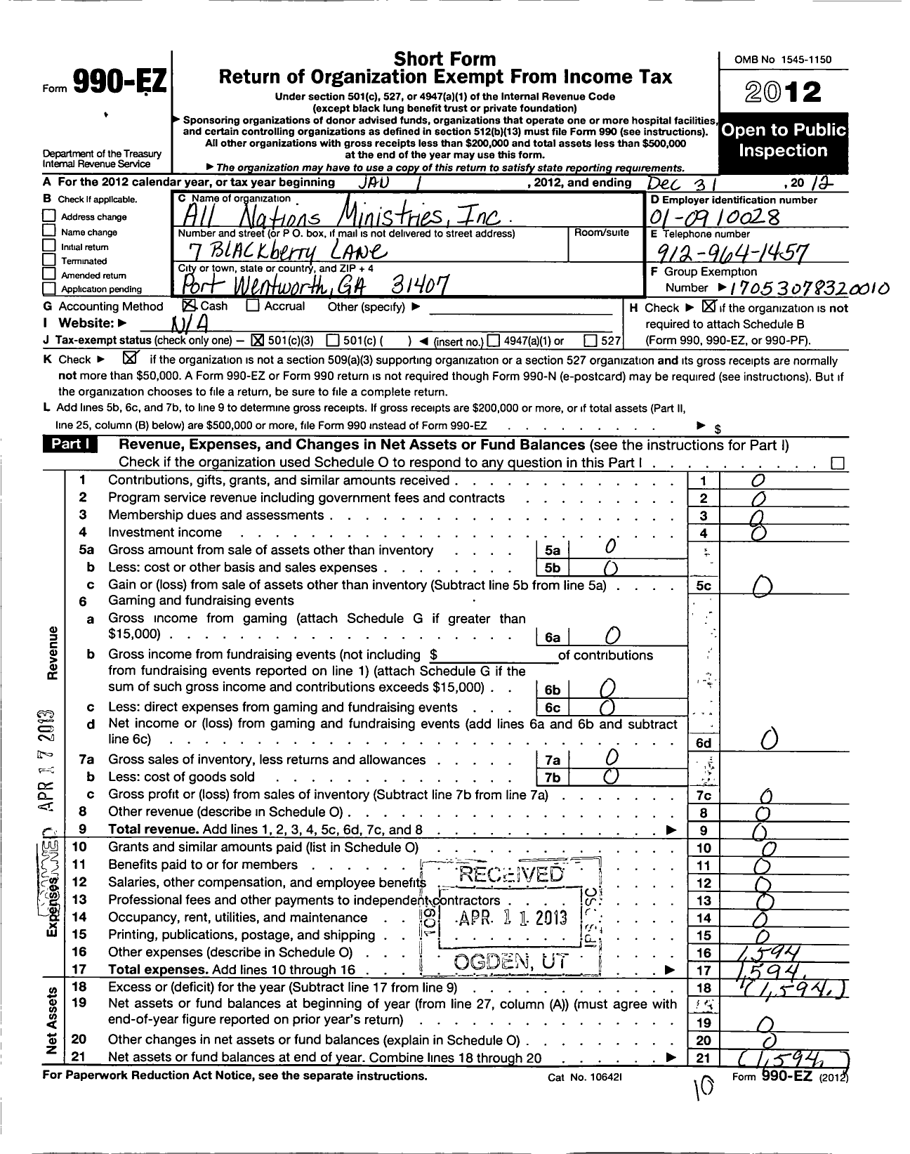 Image of first page of 2012 Form 990EZ for All Nations Ministries