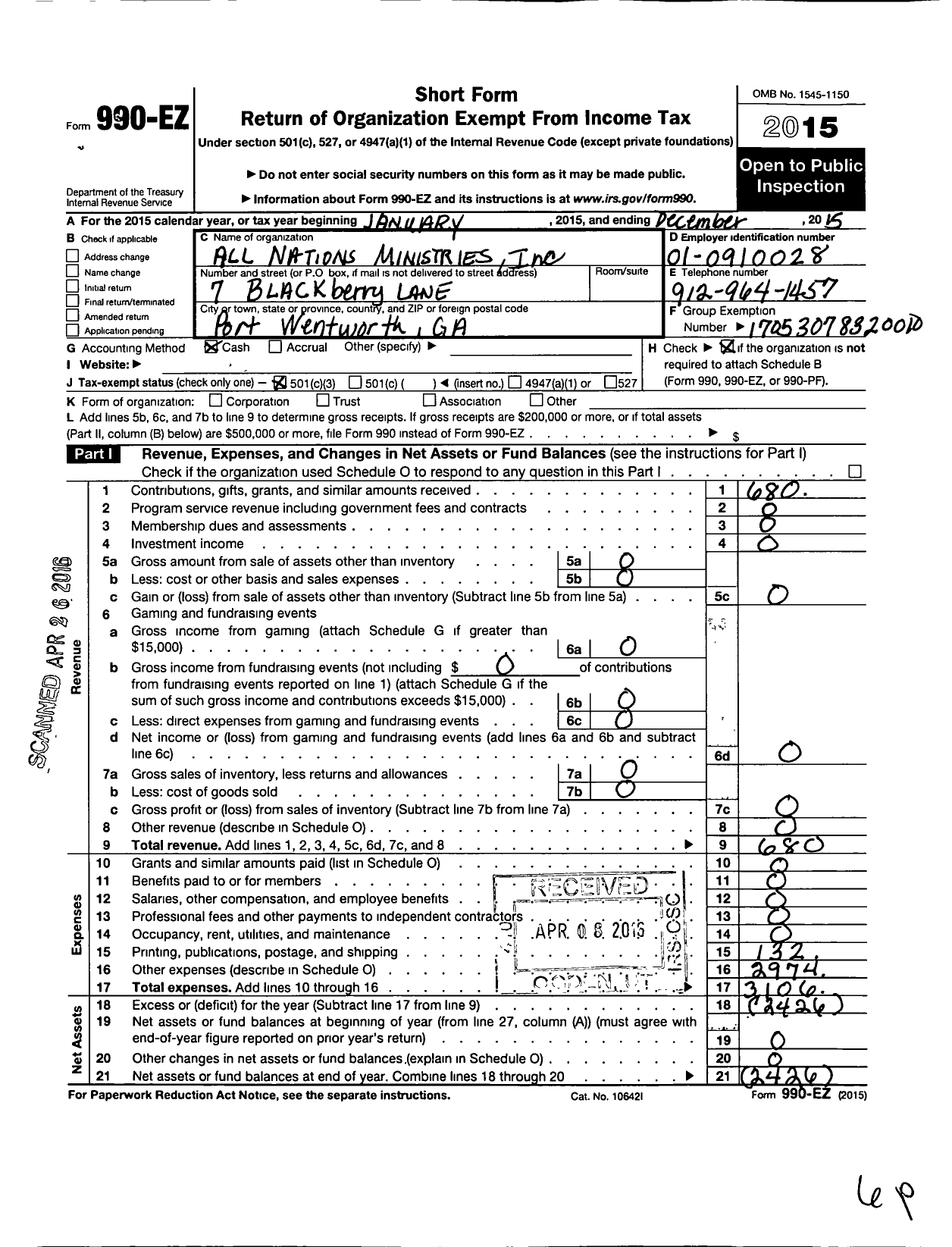 Image of first page of 2015 Form 990EZ for All Nations Ministries