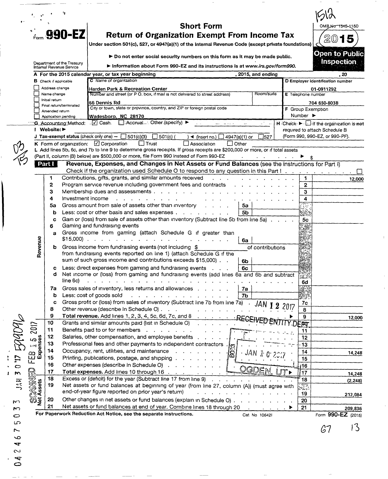 Image of first page of 2015 Form 990EO for Harden Park and Recreation Center