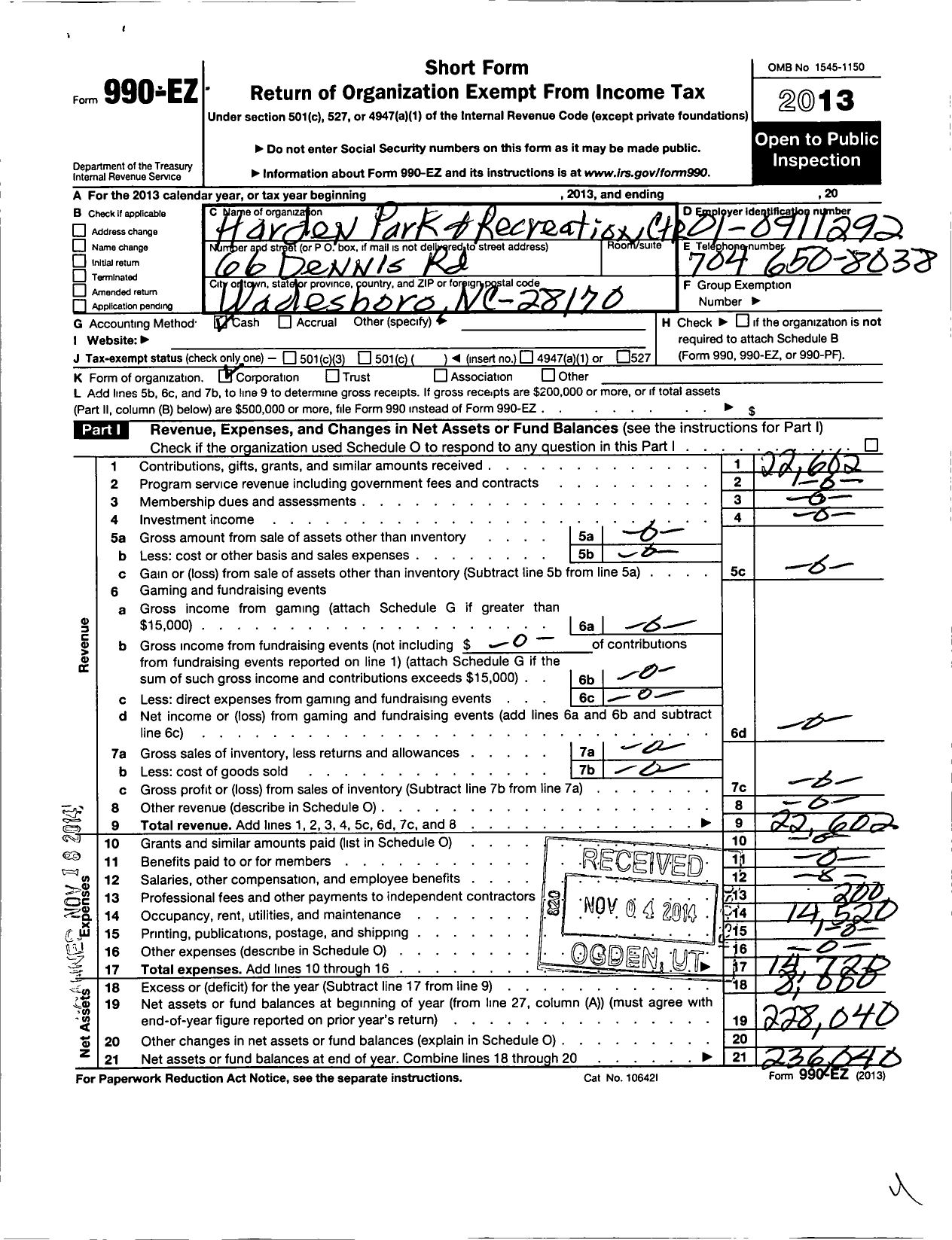 Image of first page of 2013 Form 990EO for Harden Park and Recreation Center