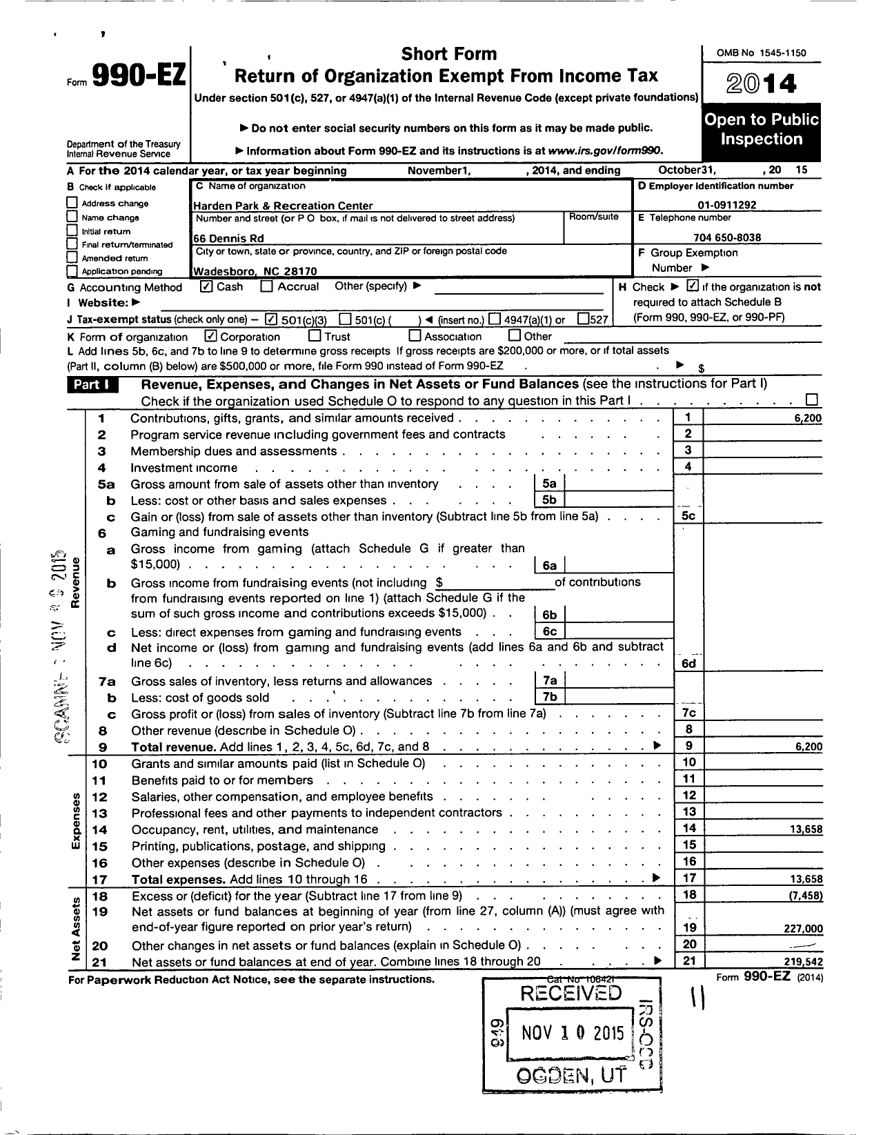 Image of first page of 2014 Form 990EZ for Harden Park and Recreation Center