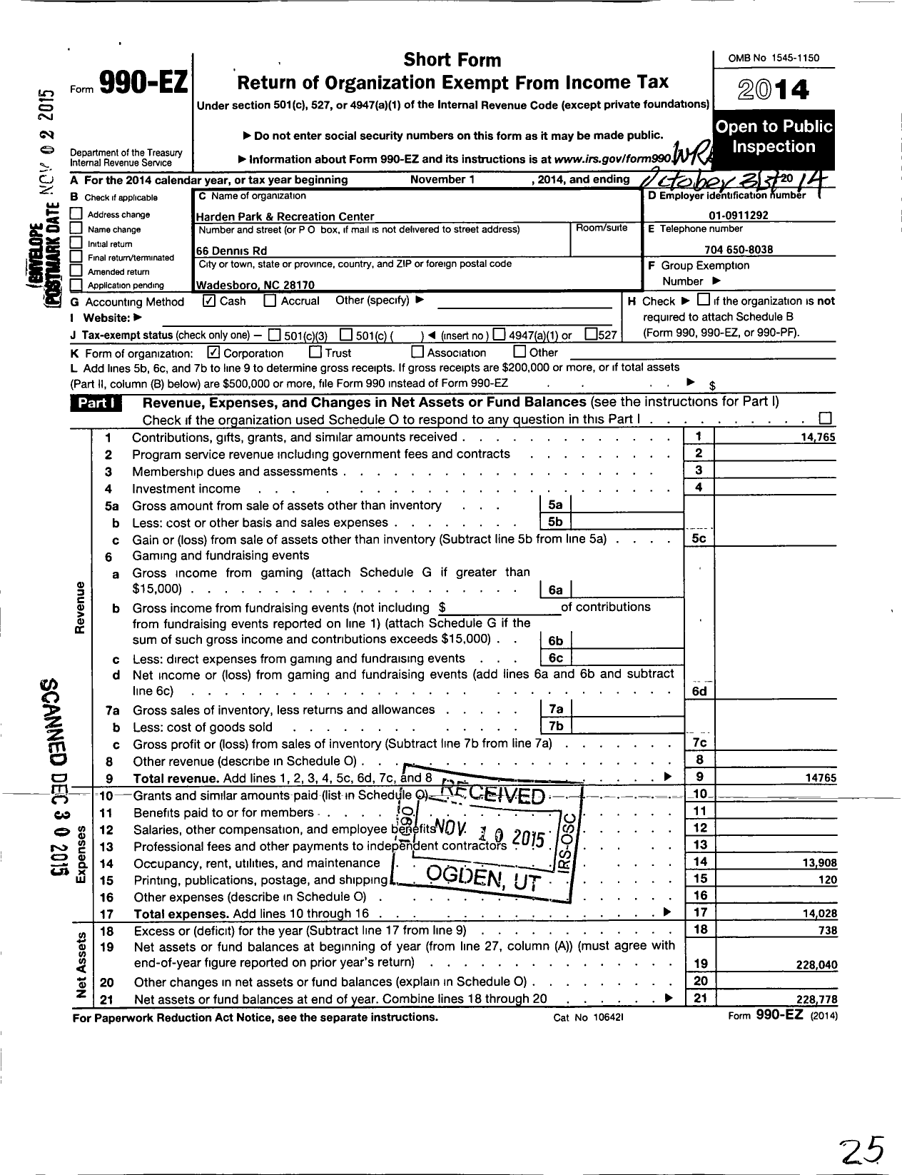 Image of first page of 2013 Form 990EO for Harden Park and Recreation Center