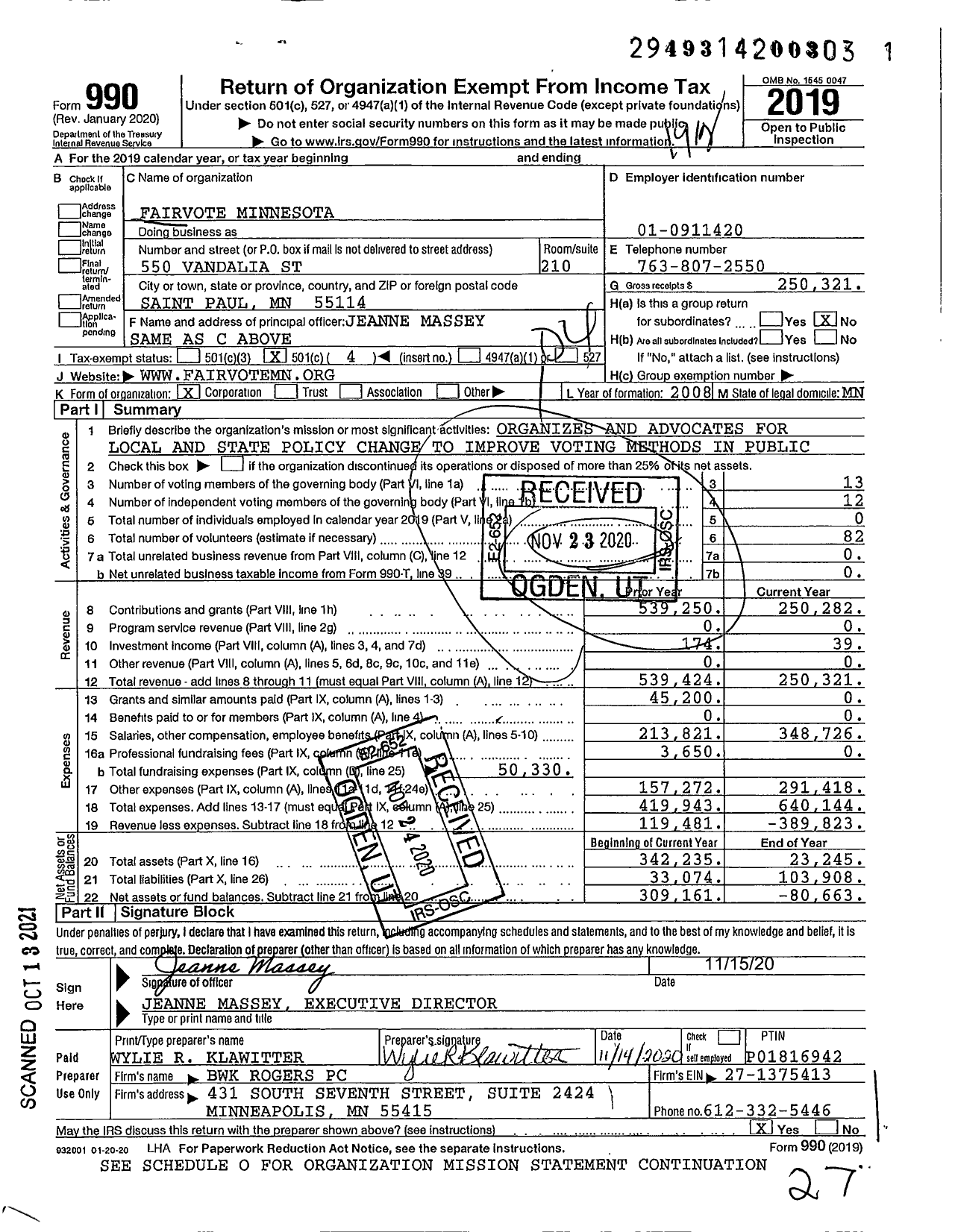 Image of first page of 2019 Form 990O for FairVote Vote Minnesota