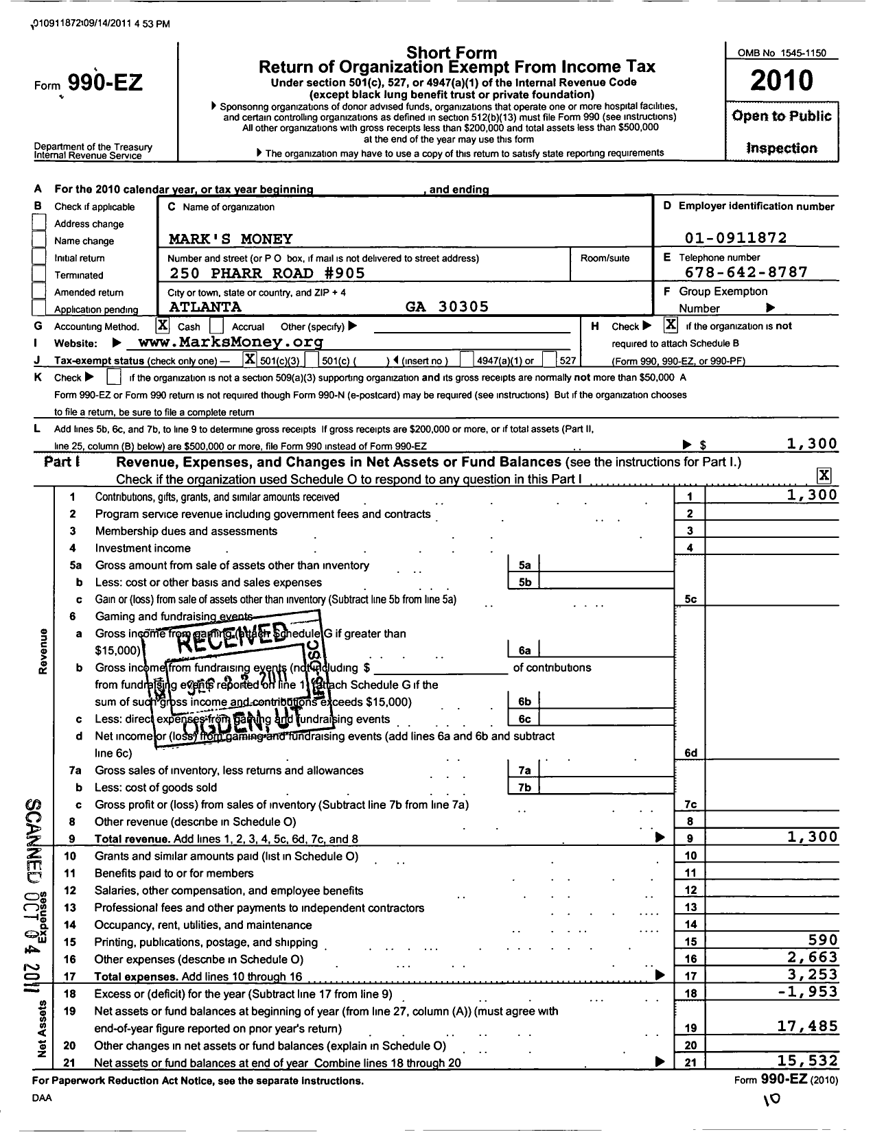 Image of first page of 2010 Form 990EZ for Marks Money