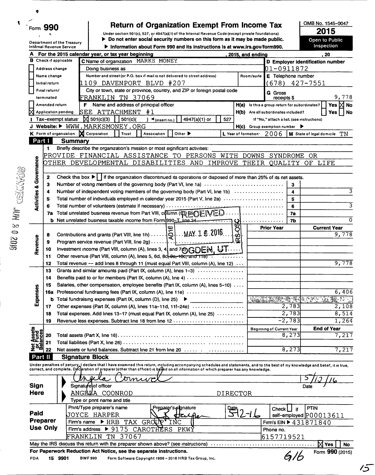 Image of first page of 2015 Form 990 for Marks Money