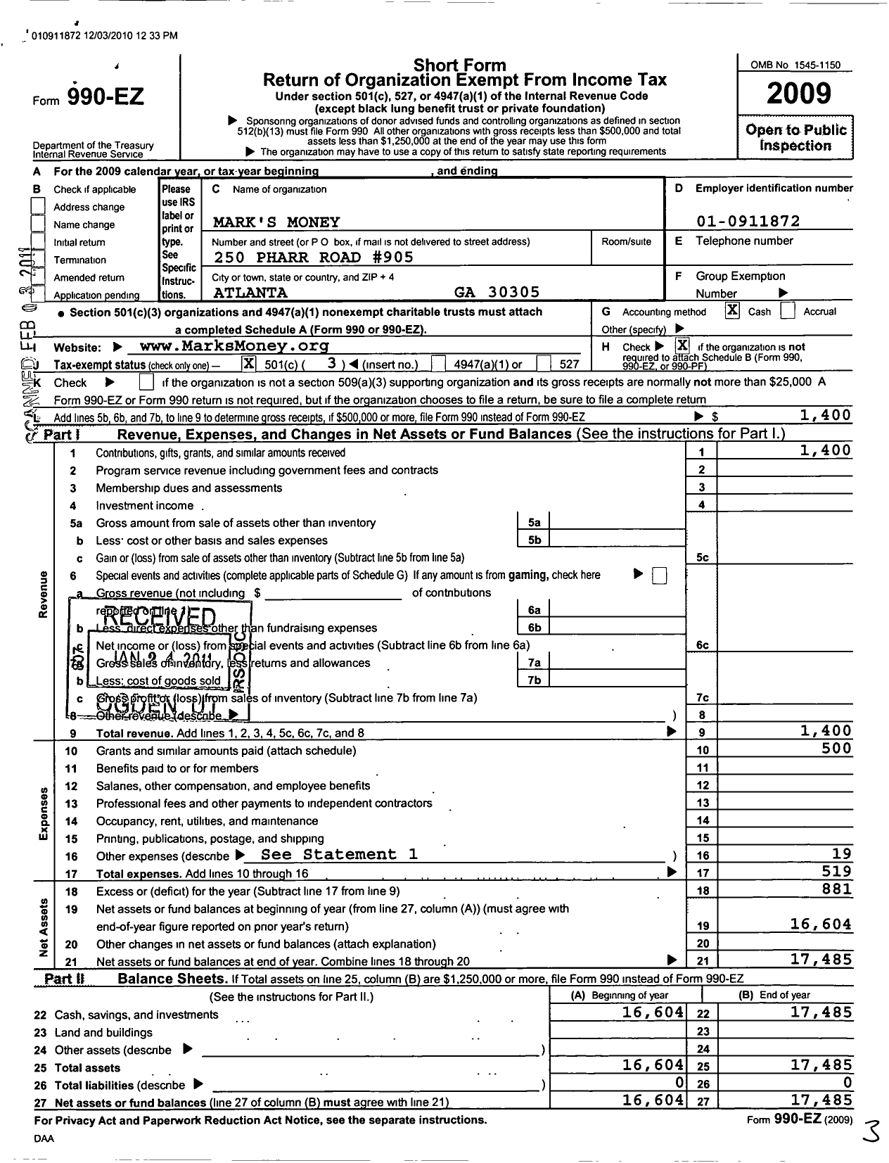 Image of first page of 2009 Form 990EZ for Marks Money