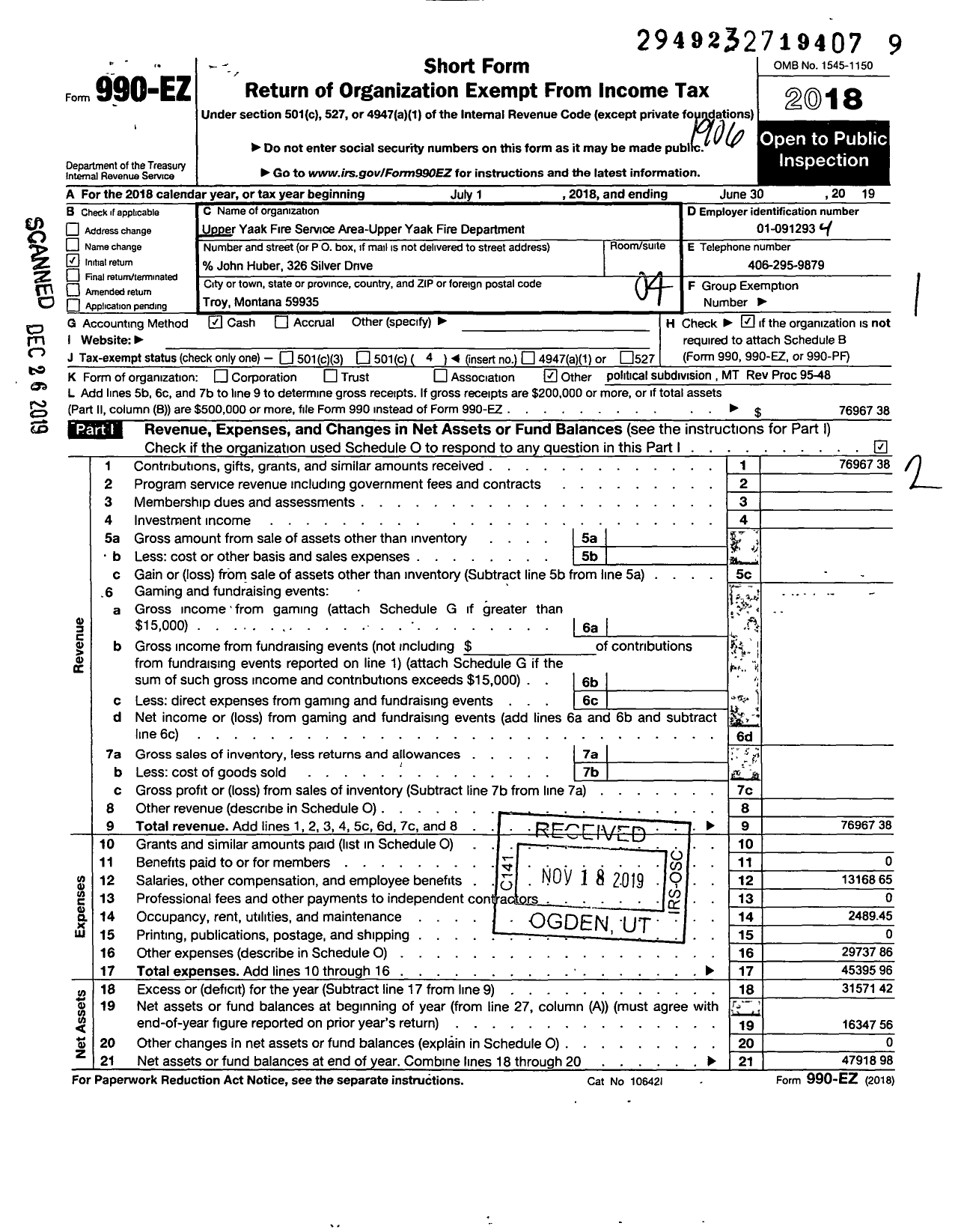 Image of first page of 2018 Form 990EO for Upper Yaak Fire Service Area