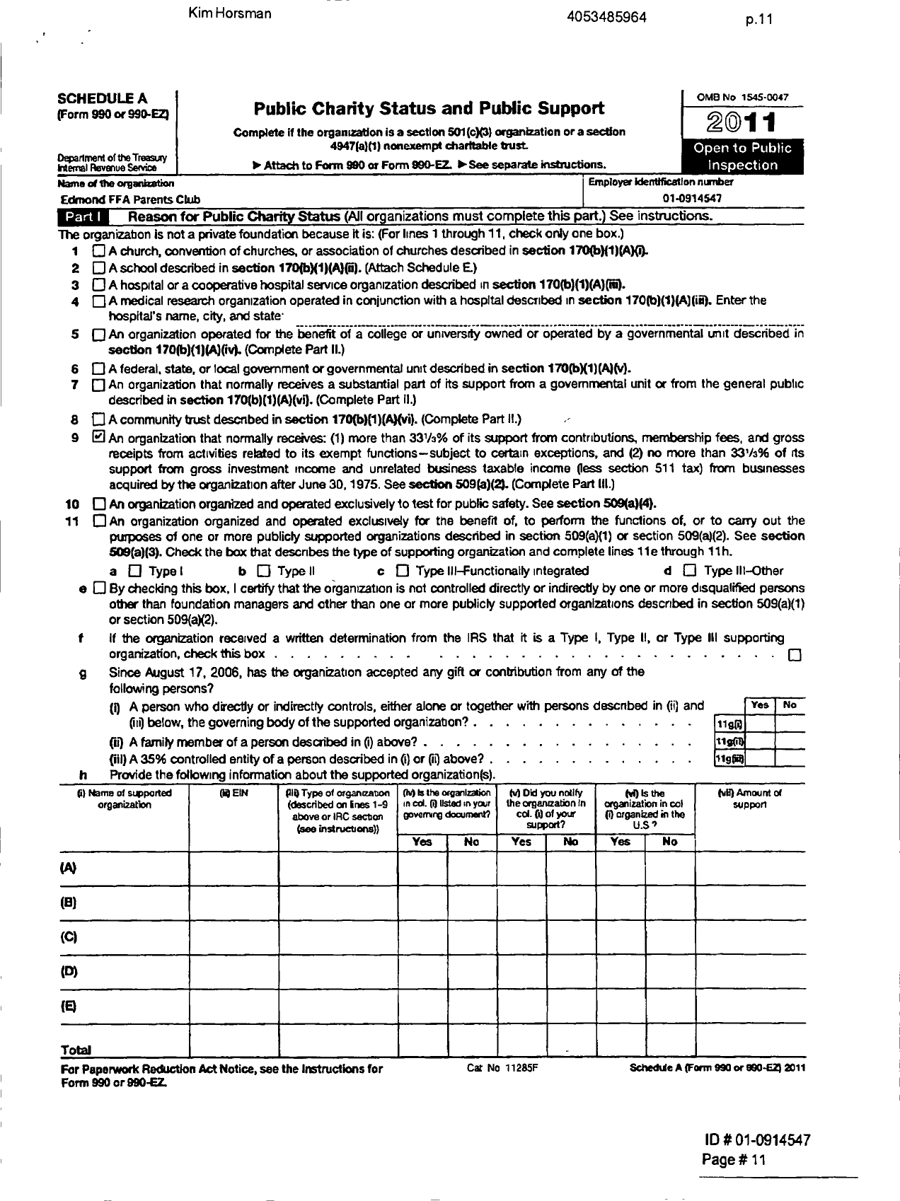 Image of first page of 2010 Form 990ER for Edmond Ffa Parents Club