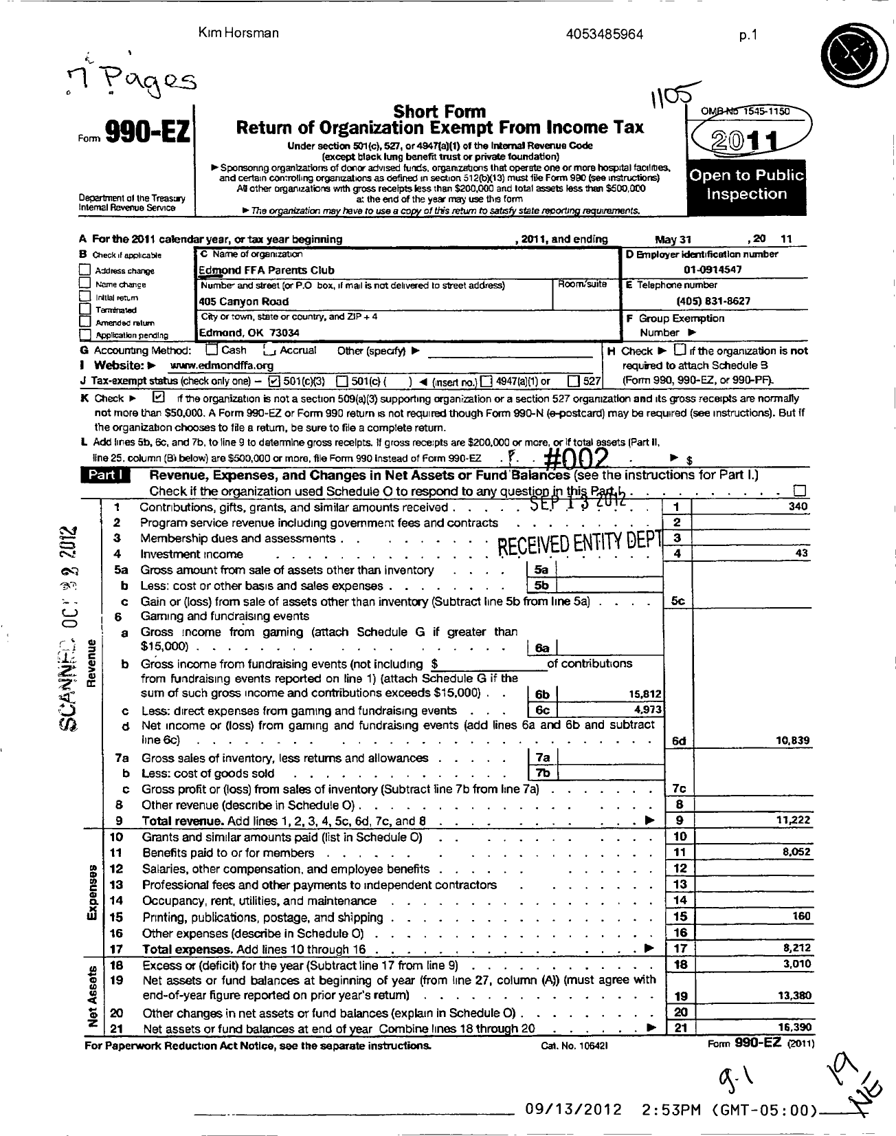 Image of first page of 2010 Form 990EZ for Edmond Ffa Parents Club