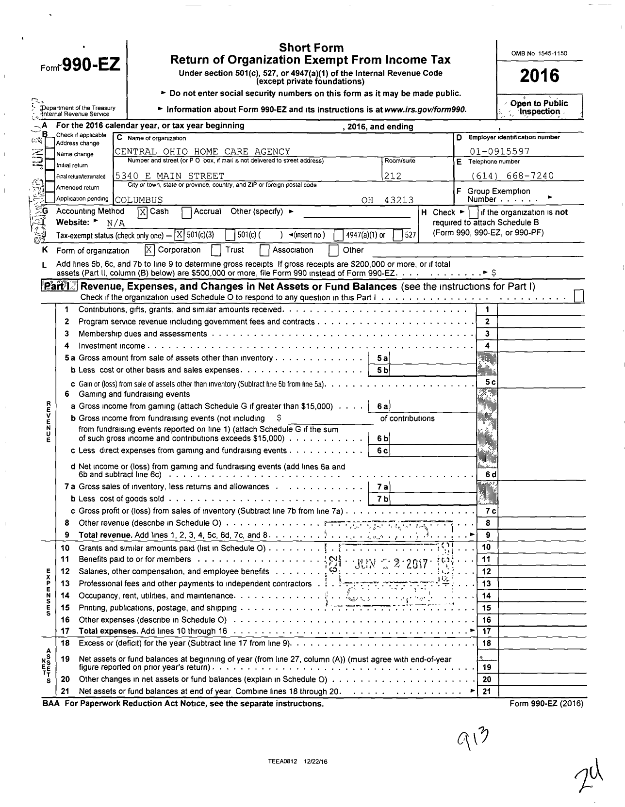 Image of first page of 2016 Form 990EZ for Central Ohio Homecare Agency LLC