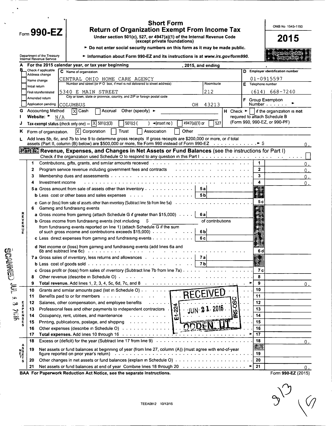 Image of first page of 2015 Form 990EZ for Central Ohio Homecare Agency LLC