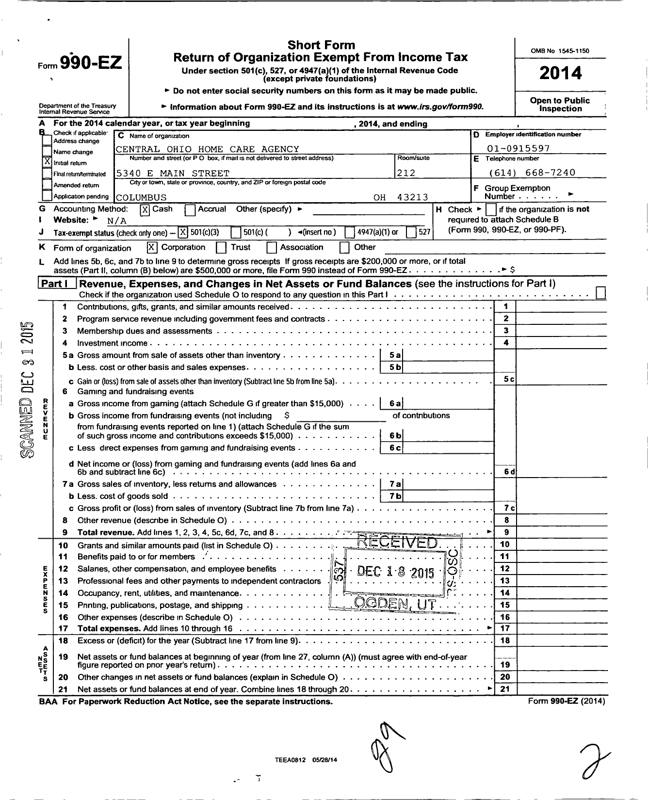 Image of first page of 2014 Form 990EZ for Central Ohio Homecare Care Nursing Serv