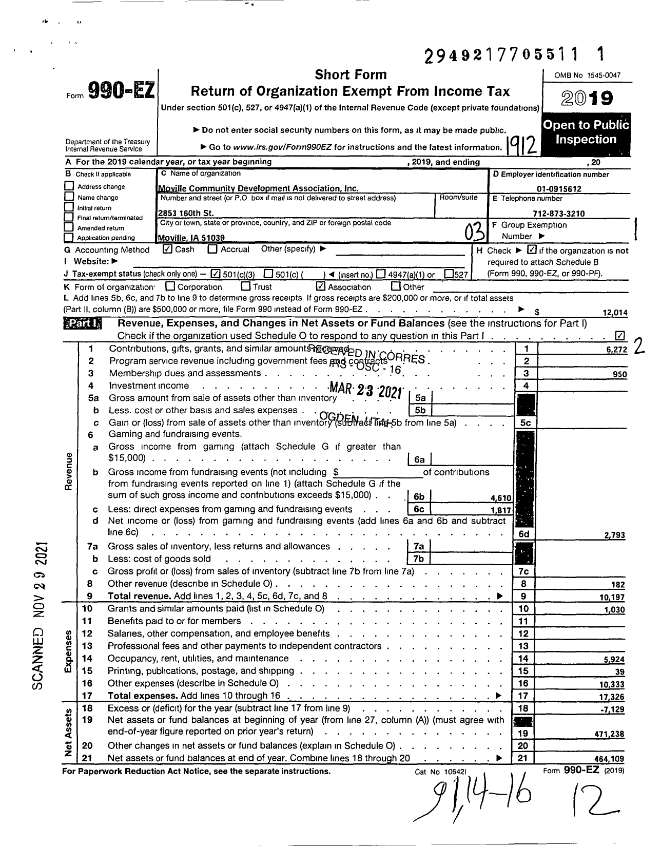 Image of first page of 2019 Form 990EZ for Moville Community Development Association