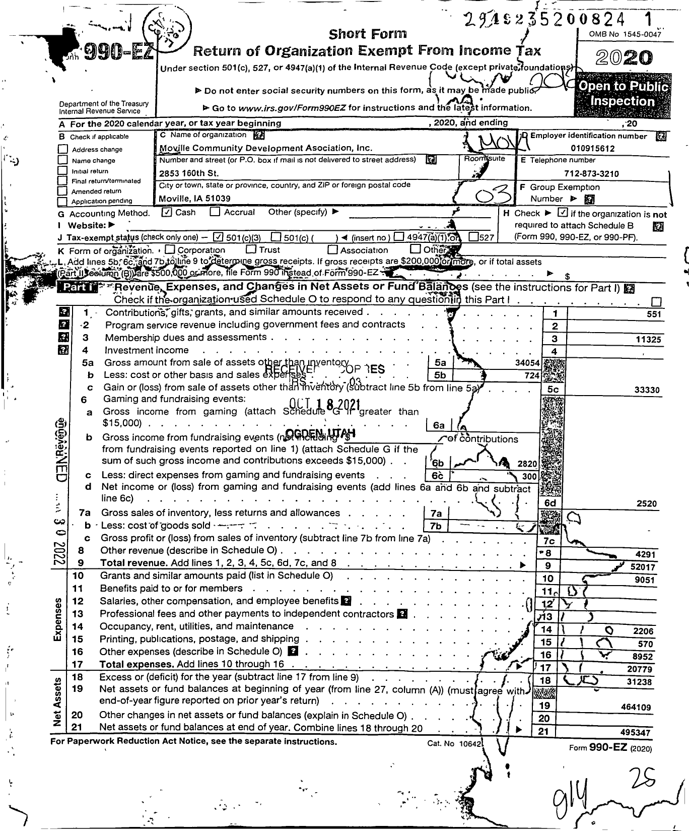 Image of first page of 2020 Form 990EZ for Moville Community Development Association