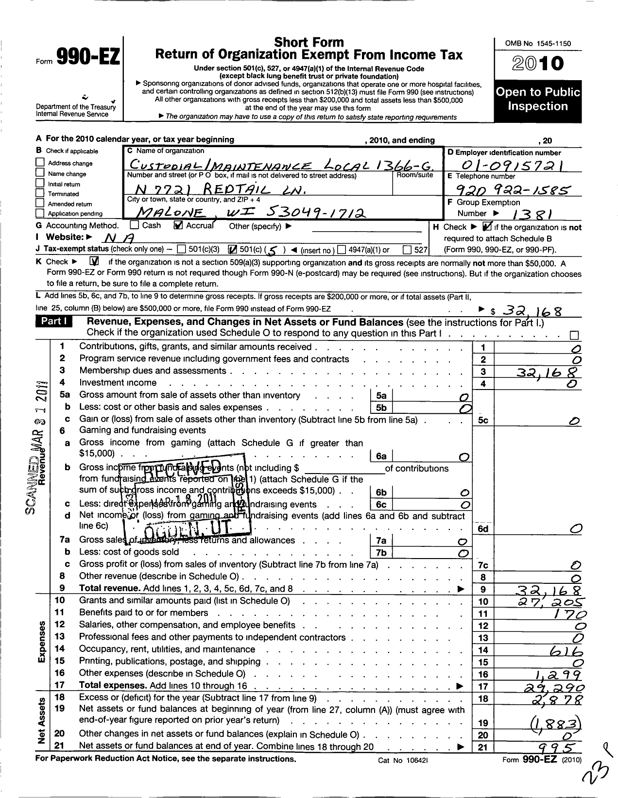 Image of first page of 2010 Form 990EO for American Federation of State County & Municipal Employees - L1366Wi-G Fond Du Lac SCH Dist-C