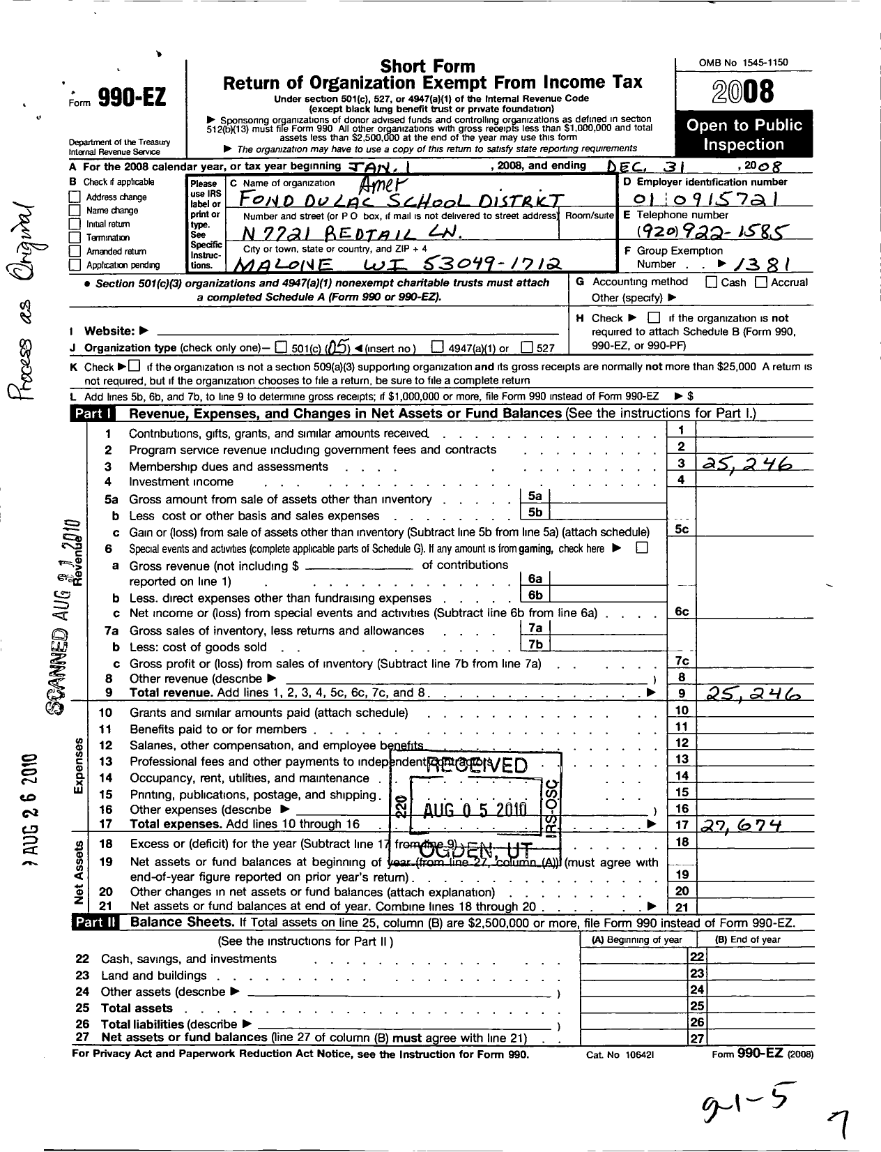 Image of first page of 2008 Form 990EO for American Federation of State County & Municipal Employees - L1366Wi-G Fond Du Lac SCH Dist-C