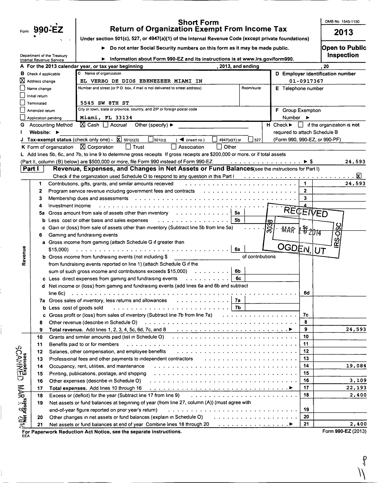 Image of first page of 2013 Form 990EZ for Ebenezer Family Center