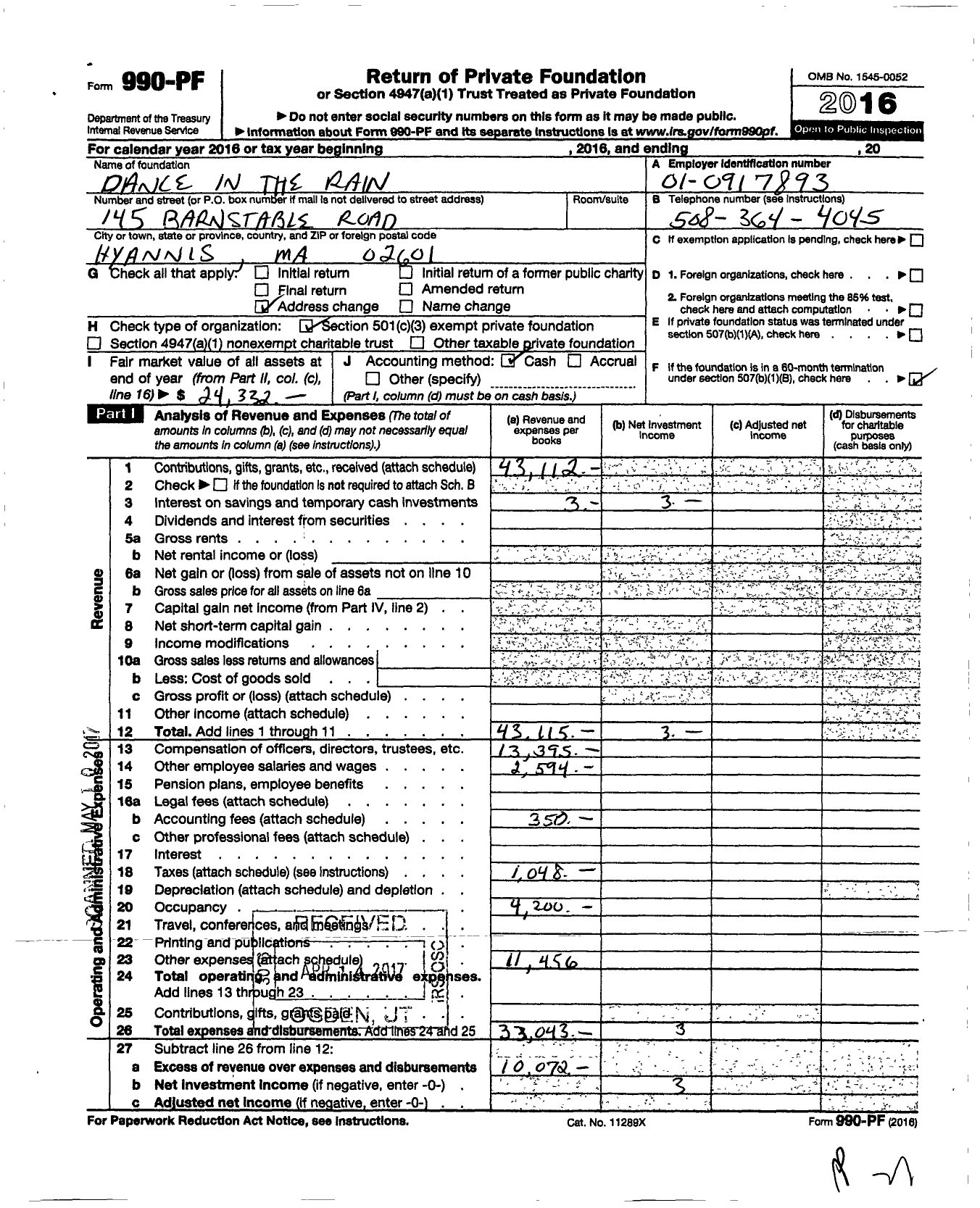 Image of first page of 2016 Form 990PF for Dance in the Rain