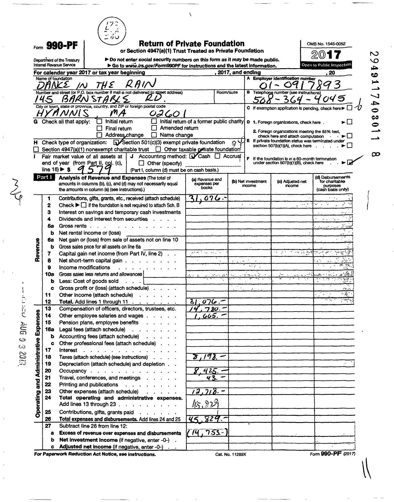 Image of first page of 2017 Form 990PF for Dance in the Rain