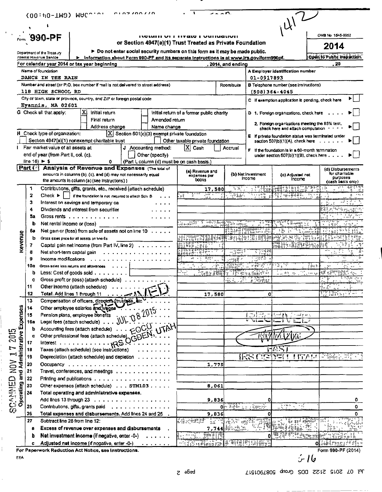 Image of first page of 2014 Form 990PF for Dance in the Rain