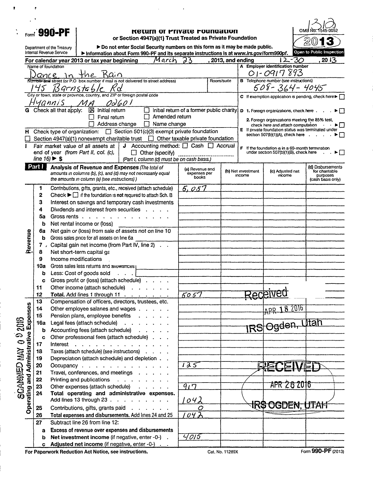 Image of first page of 2013 Form 990PF for Dance in the Rain