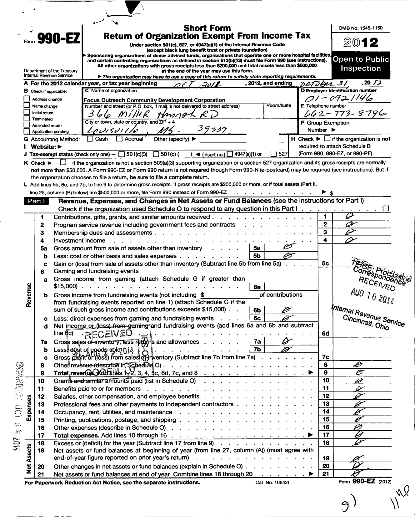 Image of first page of 2011 Form 990EO for Focus Outreach Community Developement Corporation