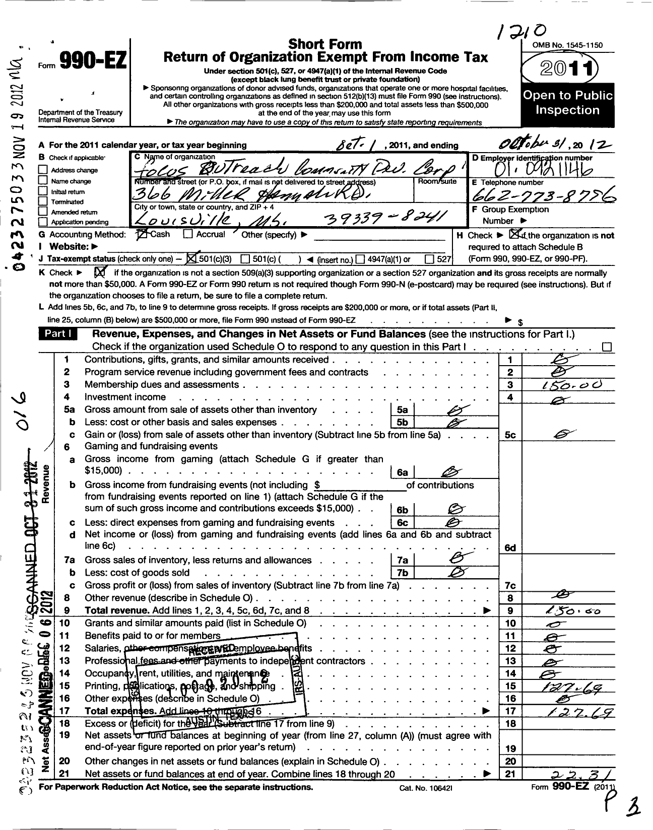 Image of first page of 2011 Form 990EZ for Focus Outreach Community Developement Corporation