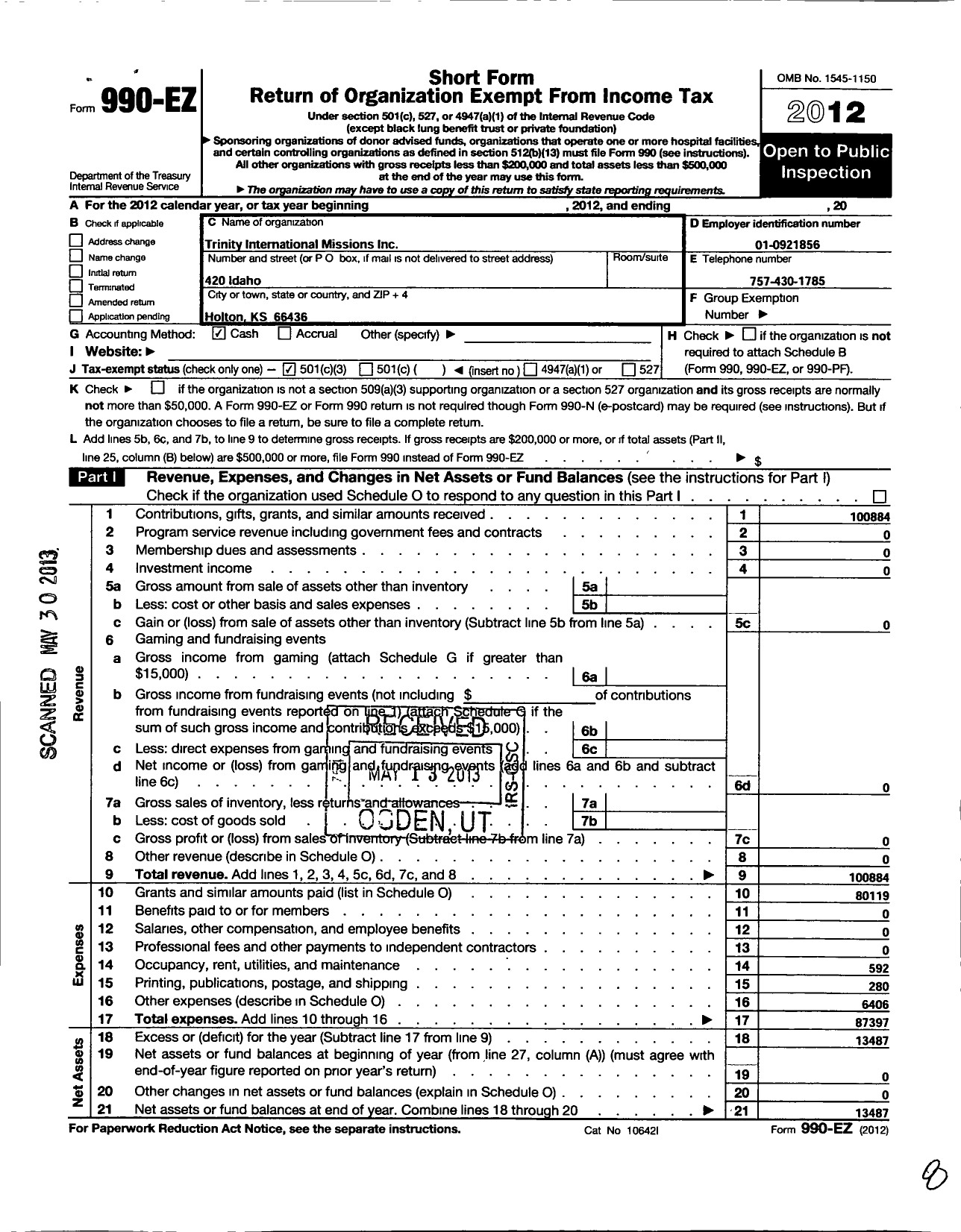 Image of first page of 2012 Form 990EZ for Trinity International Missions (TIM)