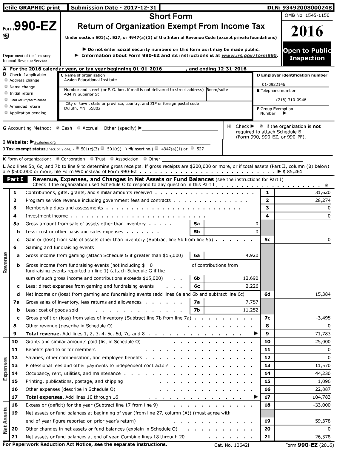 Image of first page of 2016 Form 990EZ for Avalon Educational Institute