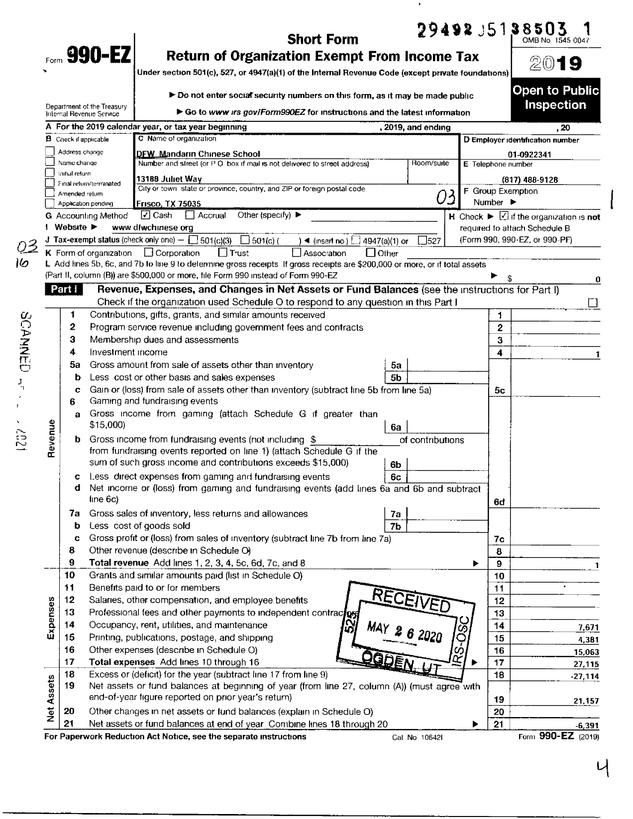 Image of first page of 2019 Form 990EZ for DFW Mandarin Chinese School