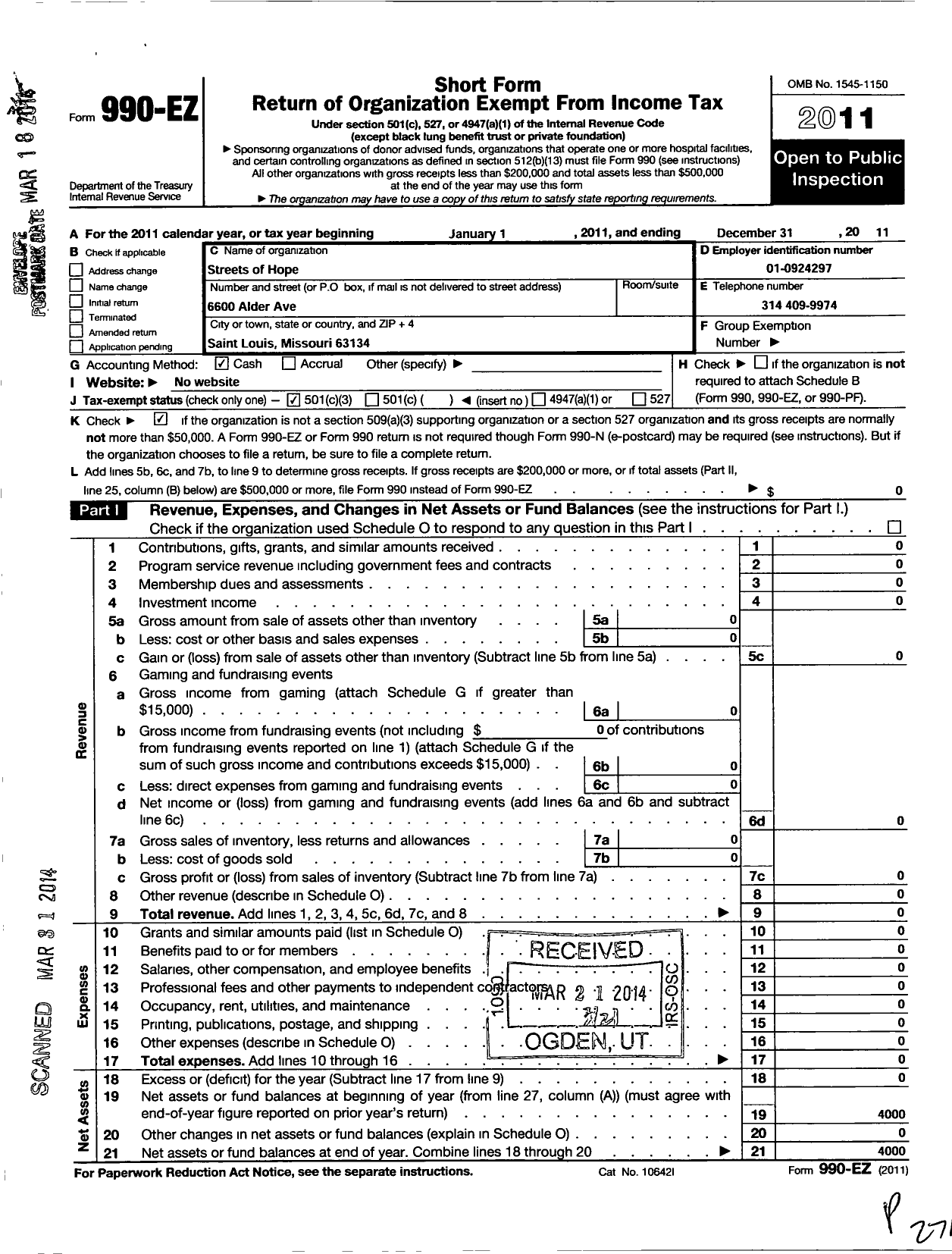 Image of first page of 2011 Form 990EZ for Streets of Hope