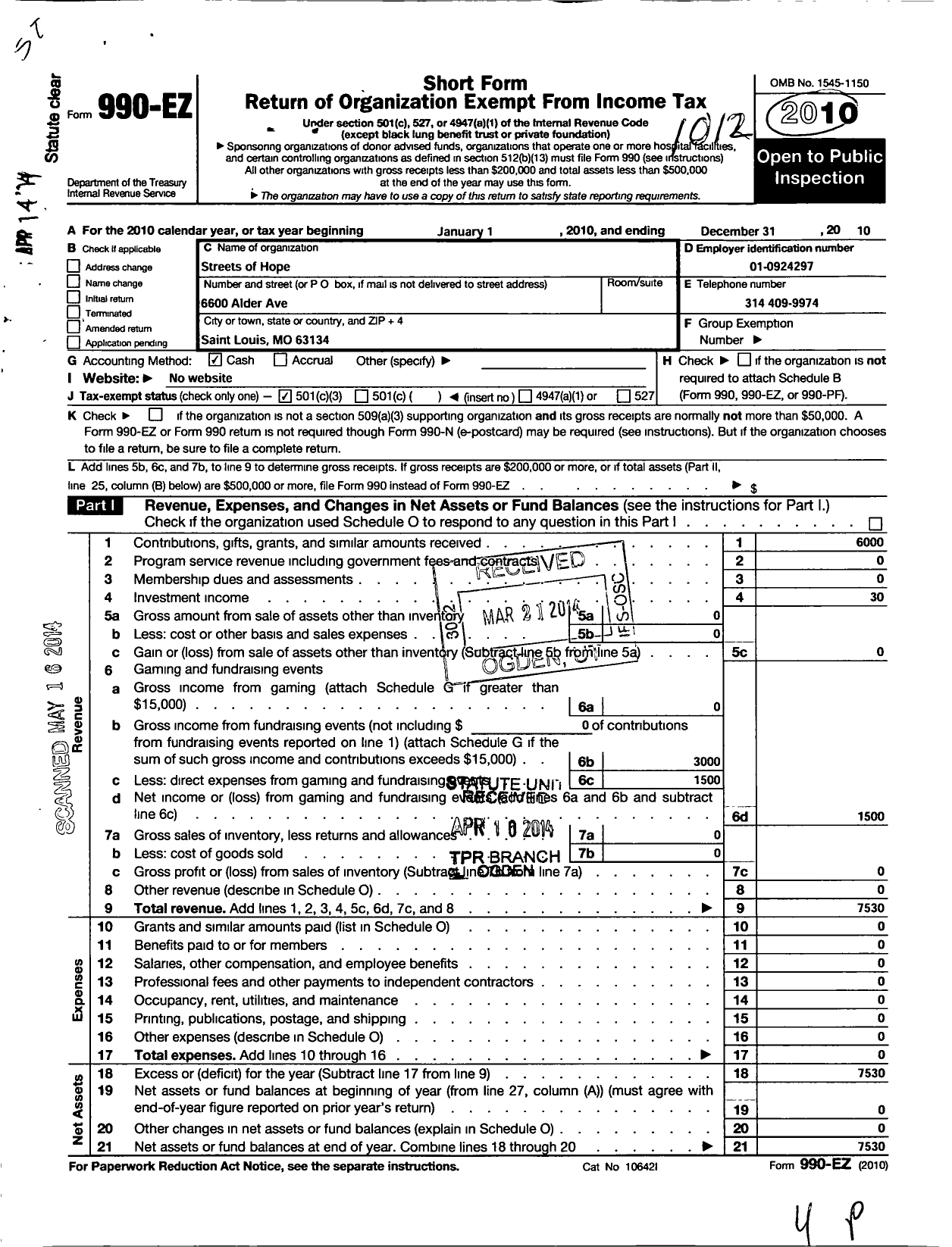 Image of first page of 2010 Form 990EZ for Streets of Hope
