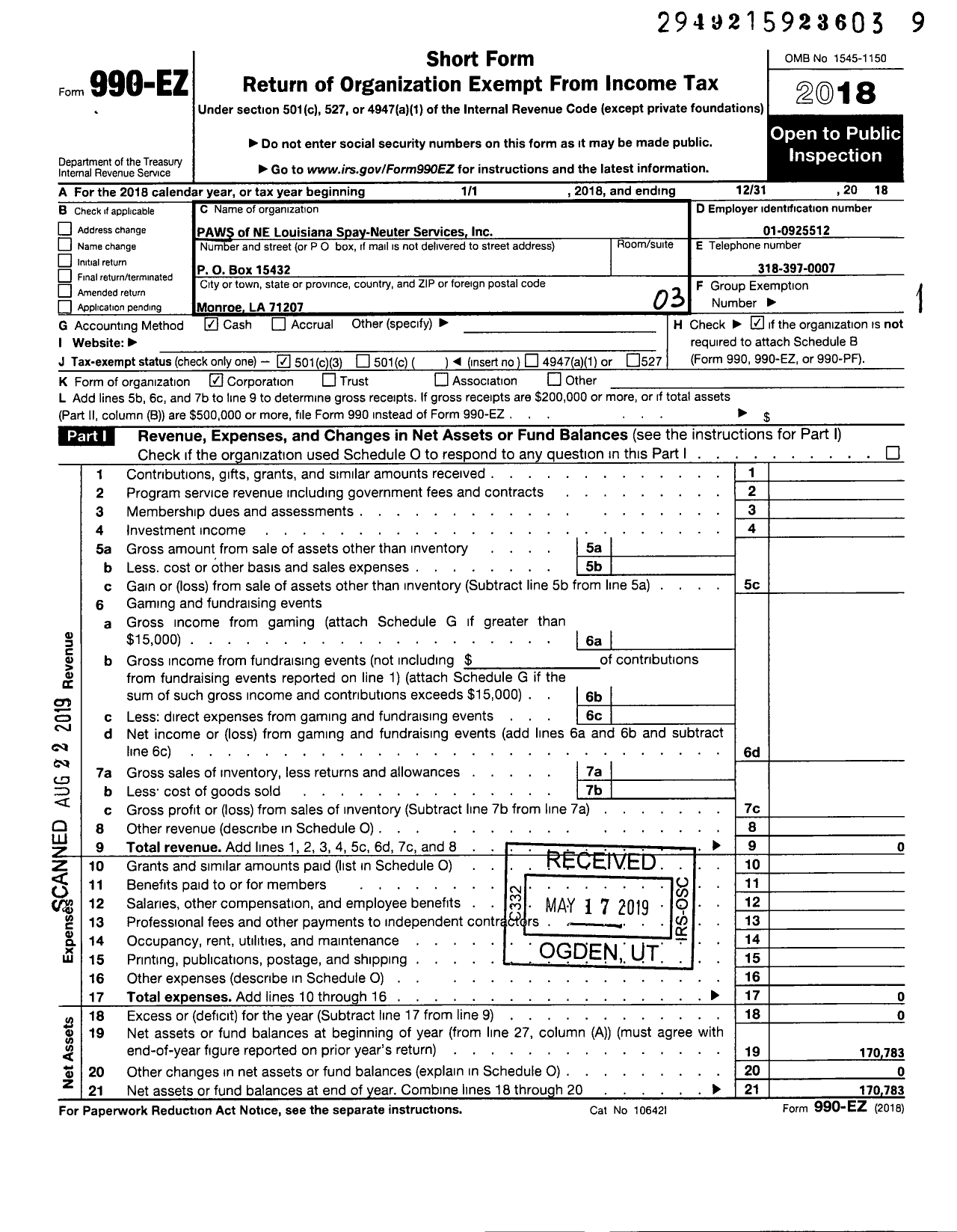 Image of first page of 2018 Form 990EZ for Paws of Ne Louisiana Spay-Neuter Services