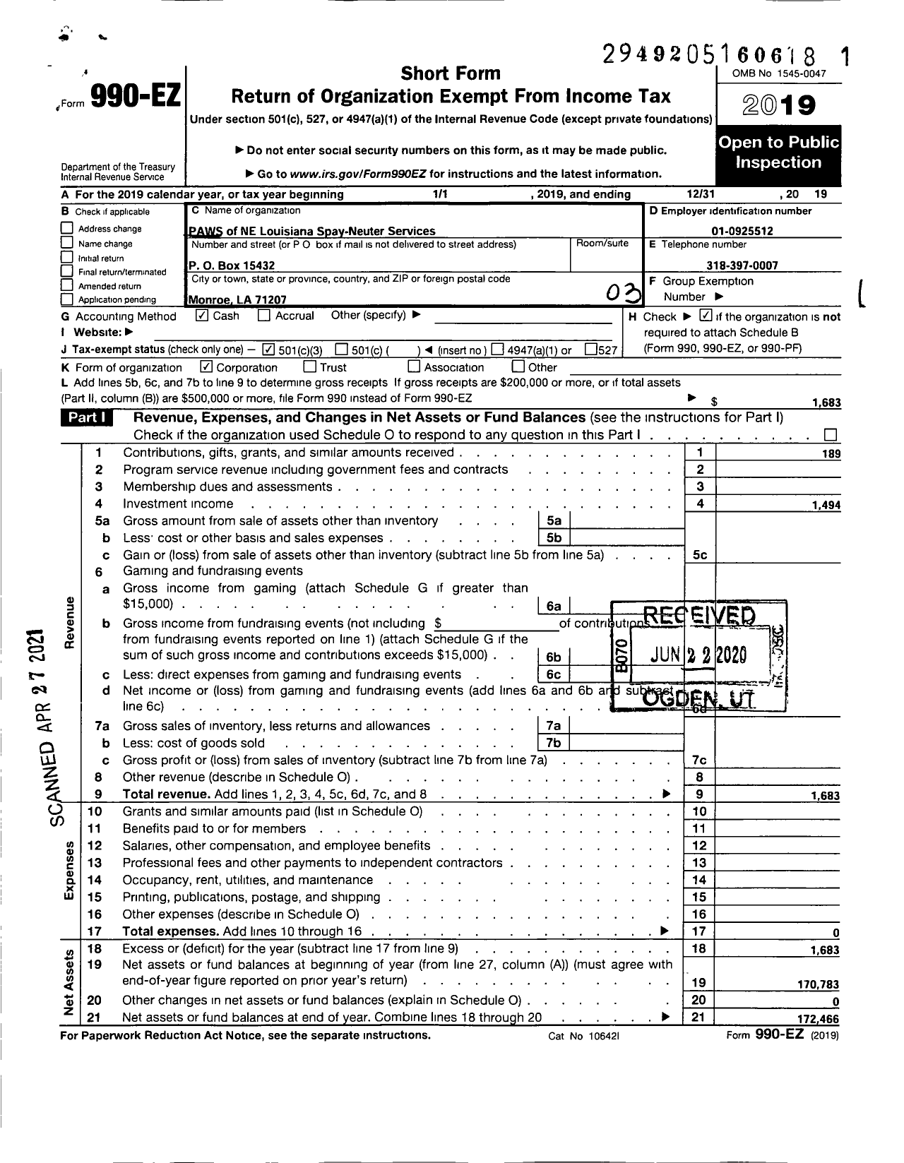 Image of first page of 2019 Form 990EZ for Paws of Ne Louisiana Spay-Neuter Services